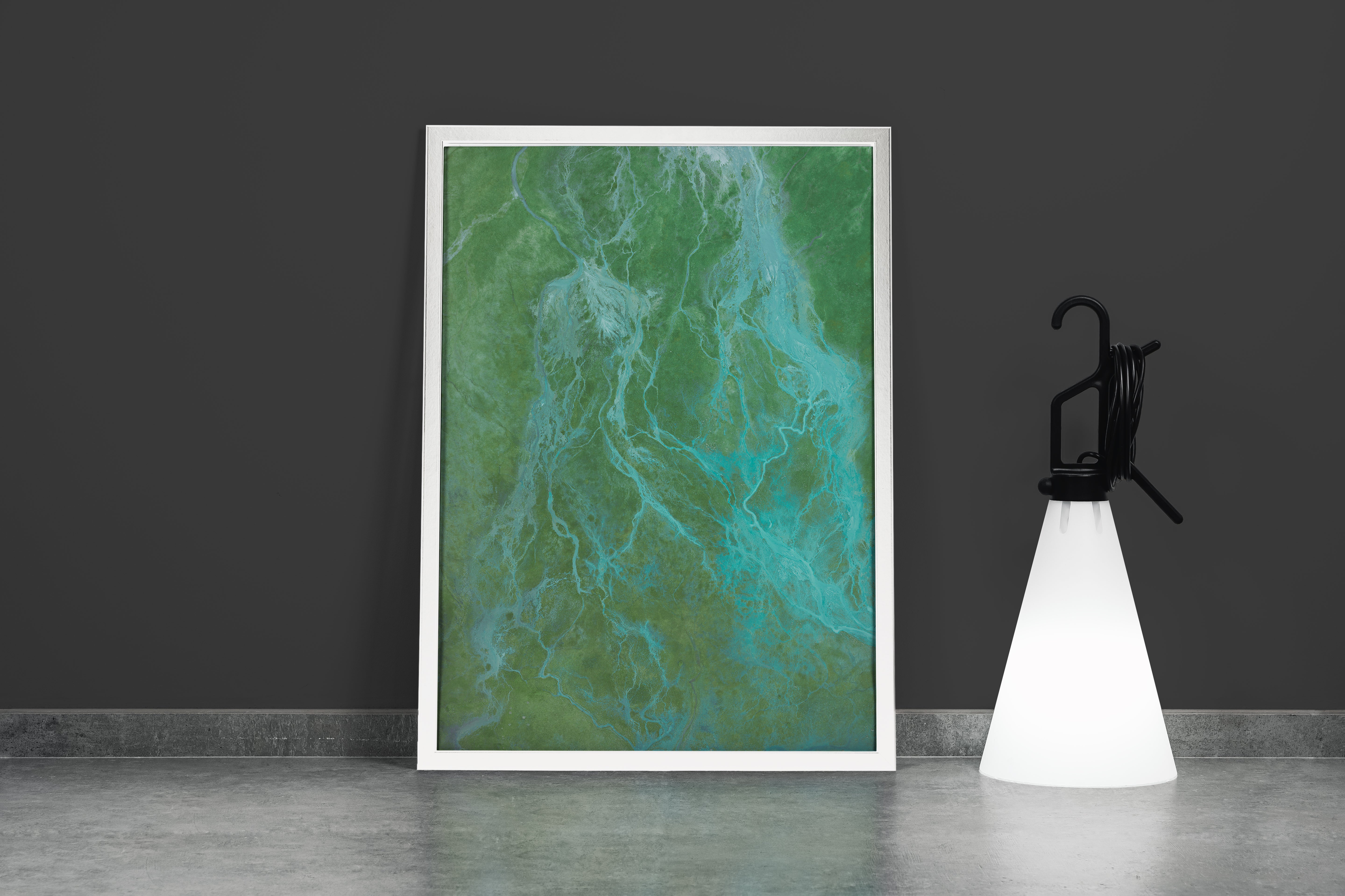 an aerial top-down view of a turquoise glacial river delta in a green landscape, abstract, art, kanvas tablo