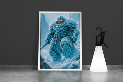ai creation, a formidable ice warrior in cracked armor with glowing orange eyes, ai art, art, kanvas tablo