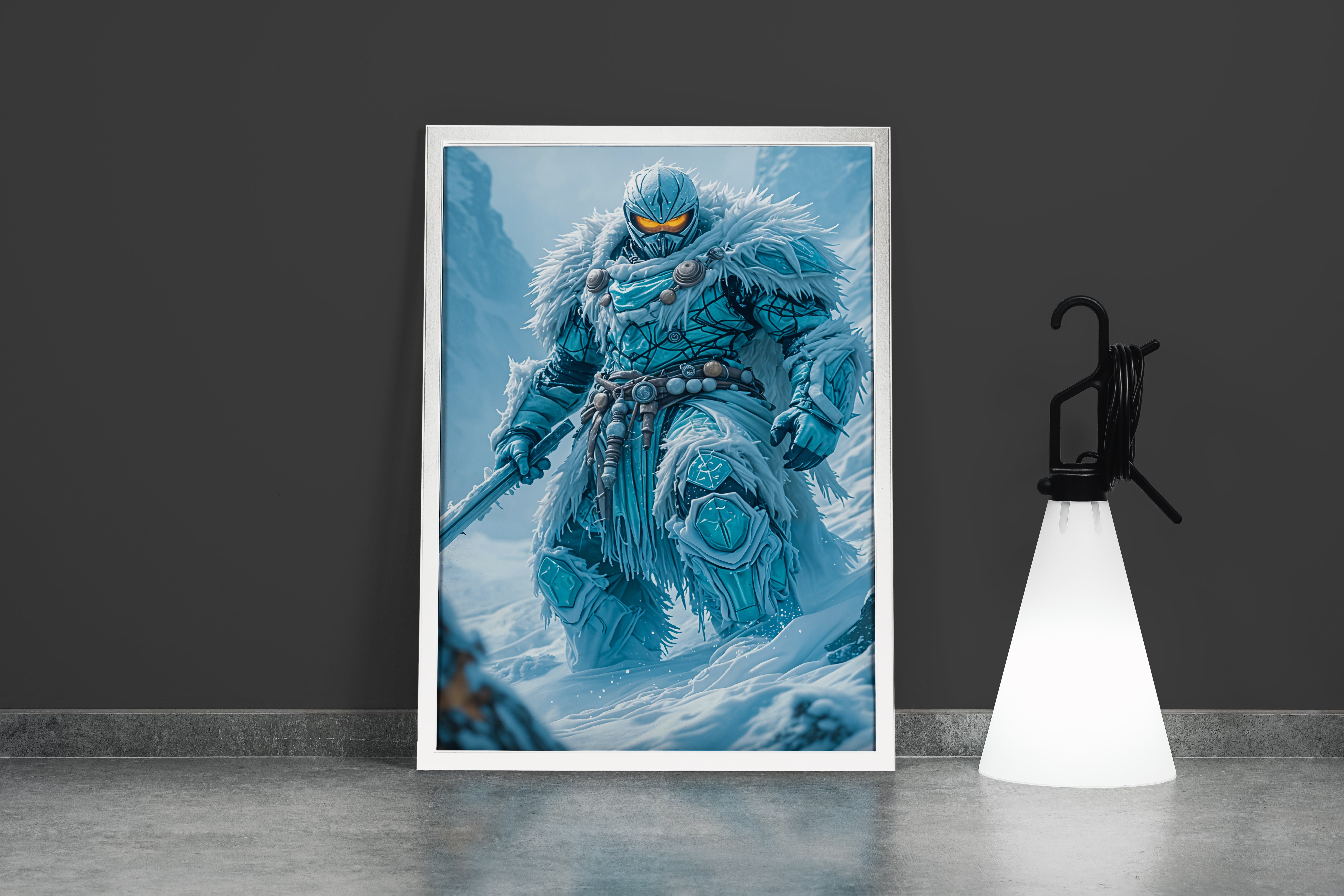 ai creation, a formidable ice warrior in cracked armor with glowing orange eyes, ai art, art, kanvas tablo