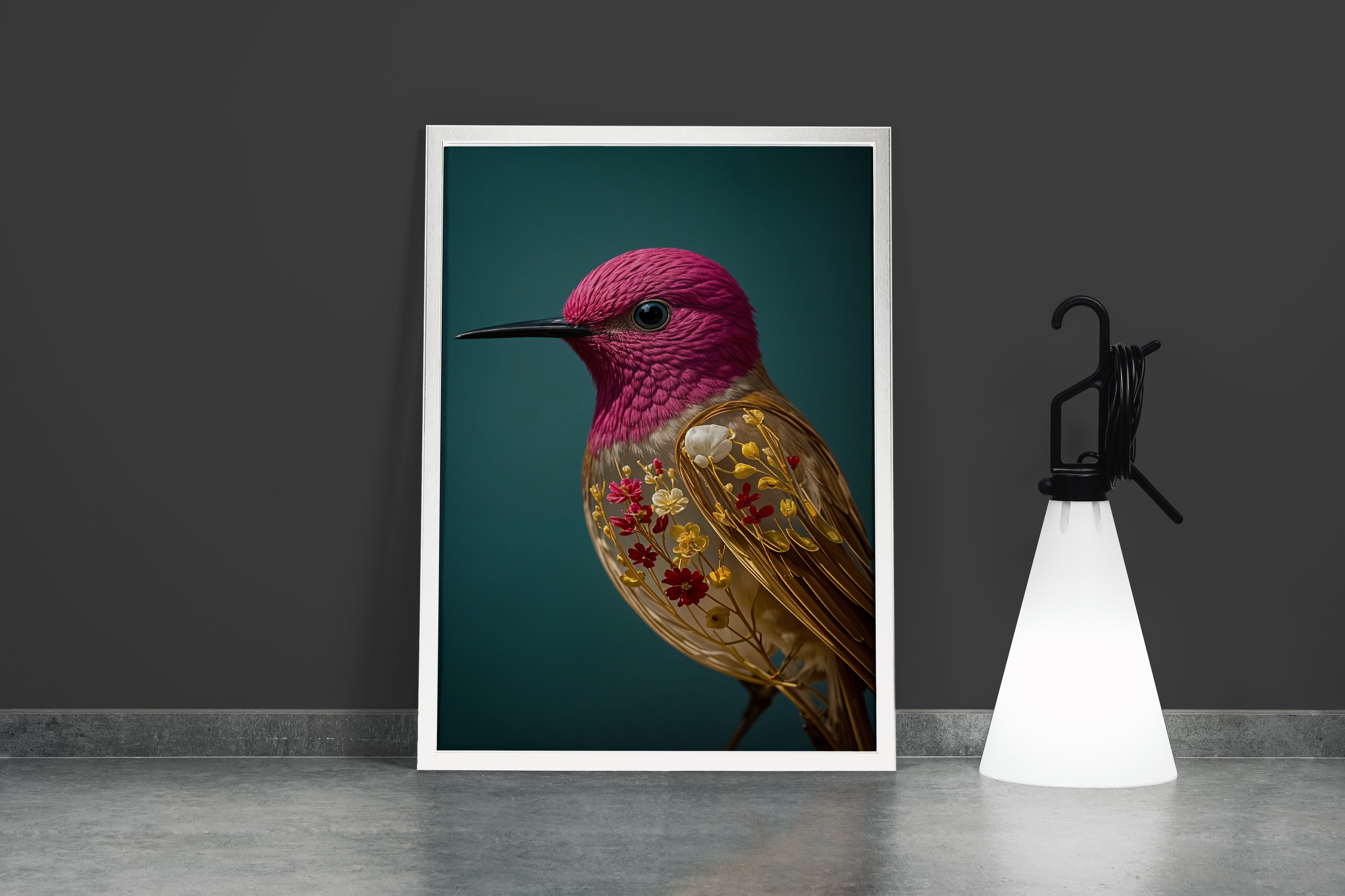 ai creation, hummingbird with flower designs, ai art, art, kanvas tablo
