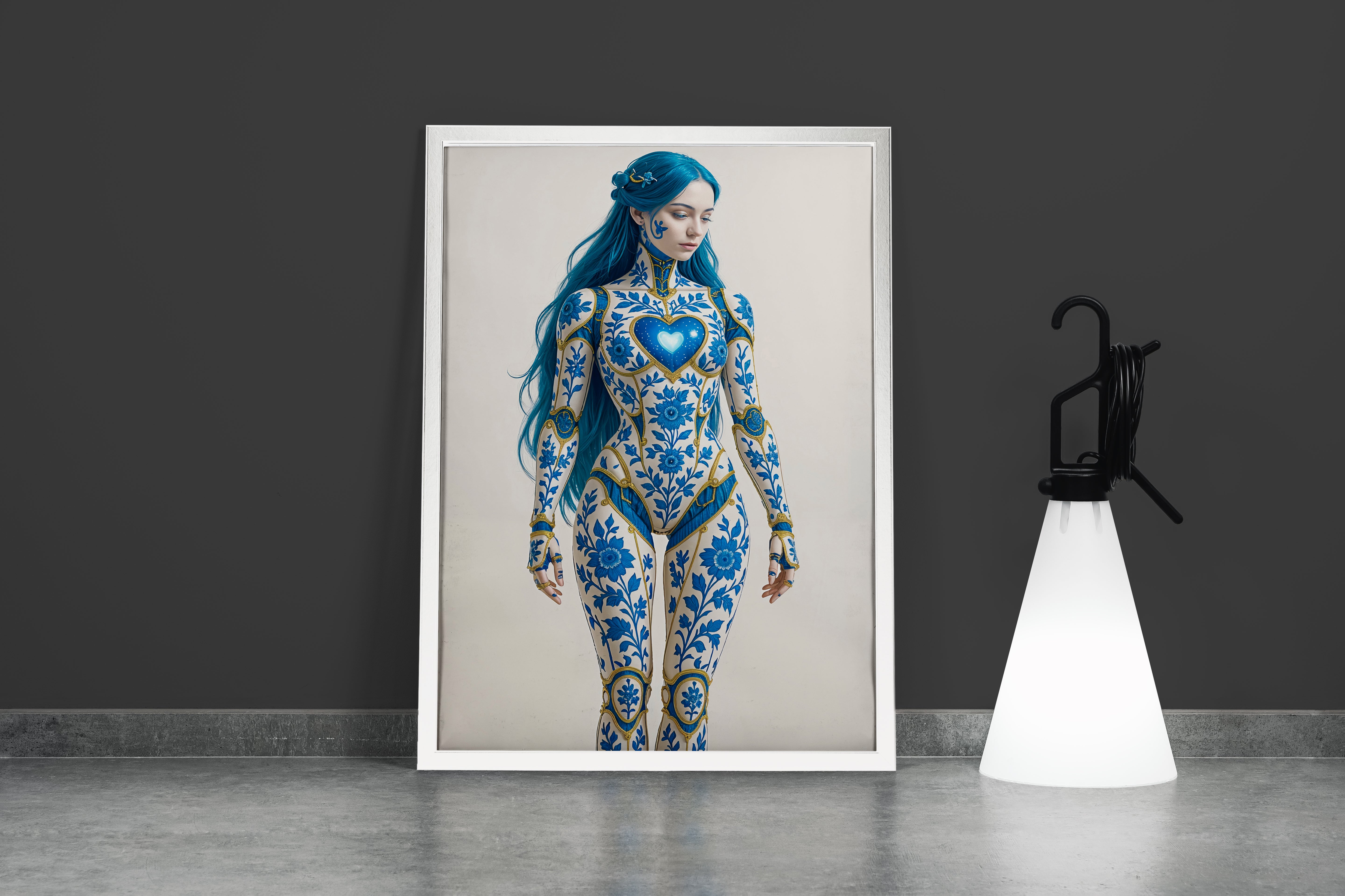 ai creation, an android with blue hair and a body of delftware porcelain and gold, ai art, art, kanvas tablo