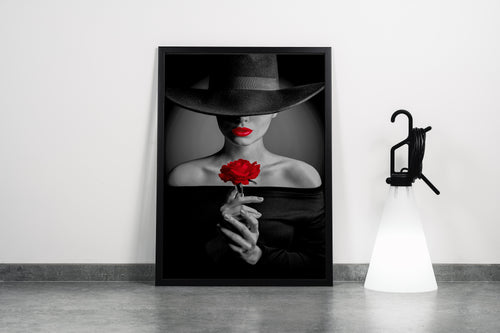 a black and white photo of a mysterious woman with a red rose and lips, art, kanvas tablo
