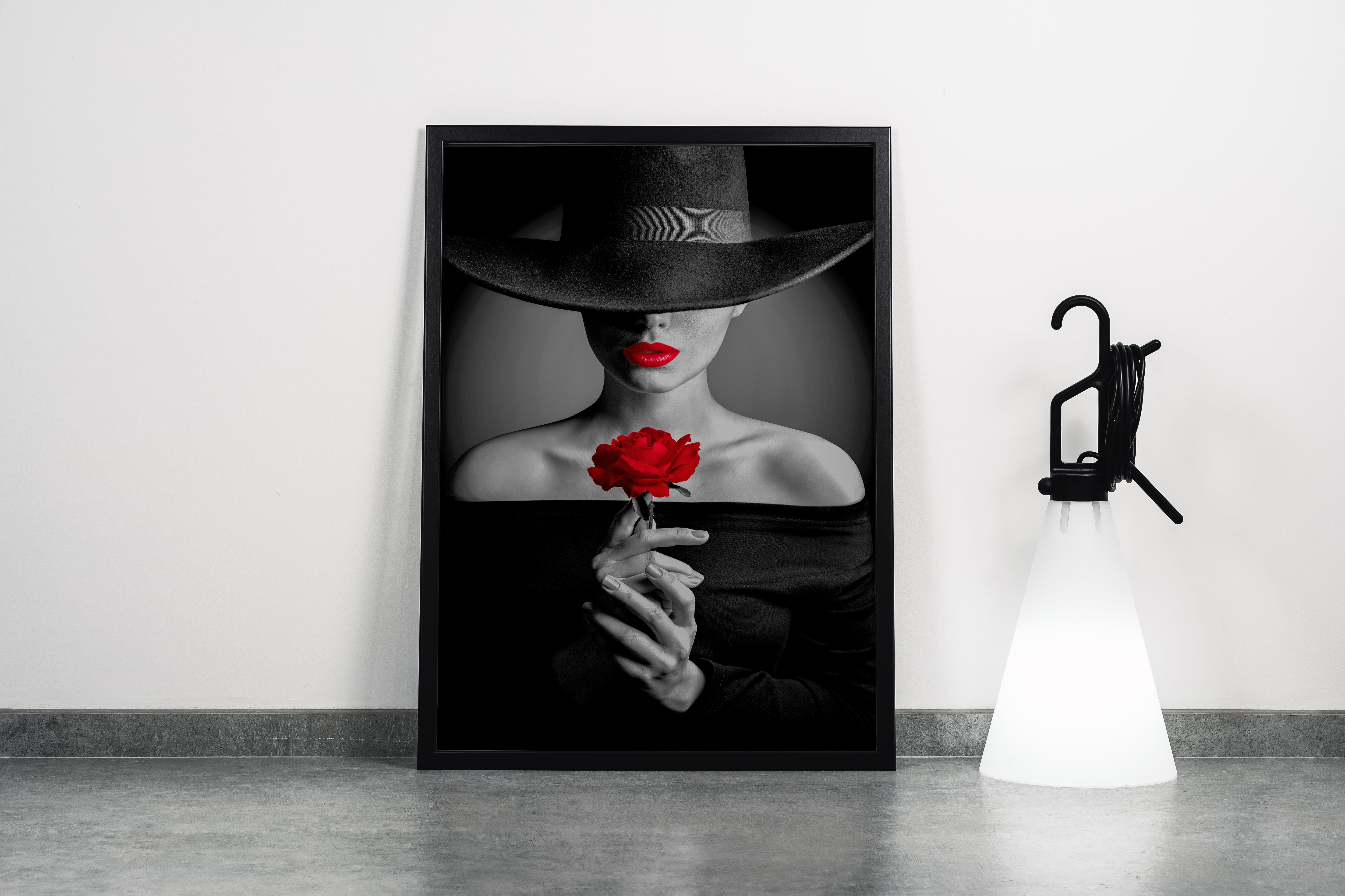 a black and white photo of a mysterious woman with a red rose and lips, art, kanvas tablo
