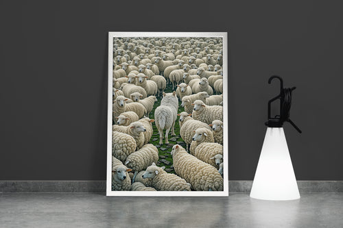 ai creation, the white wolf among the sheep, ai art, art, kanvas tablo