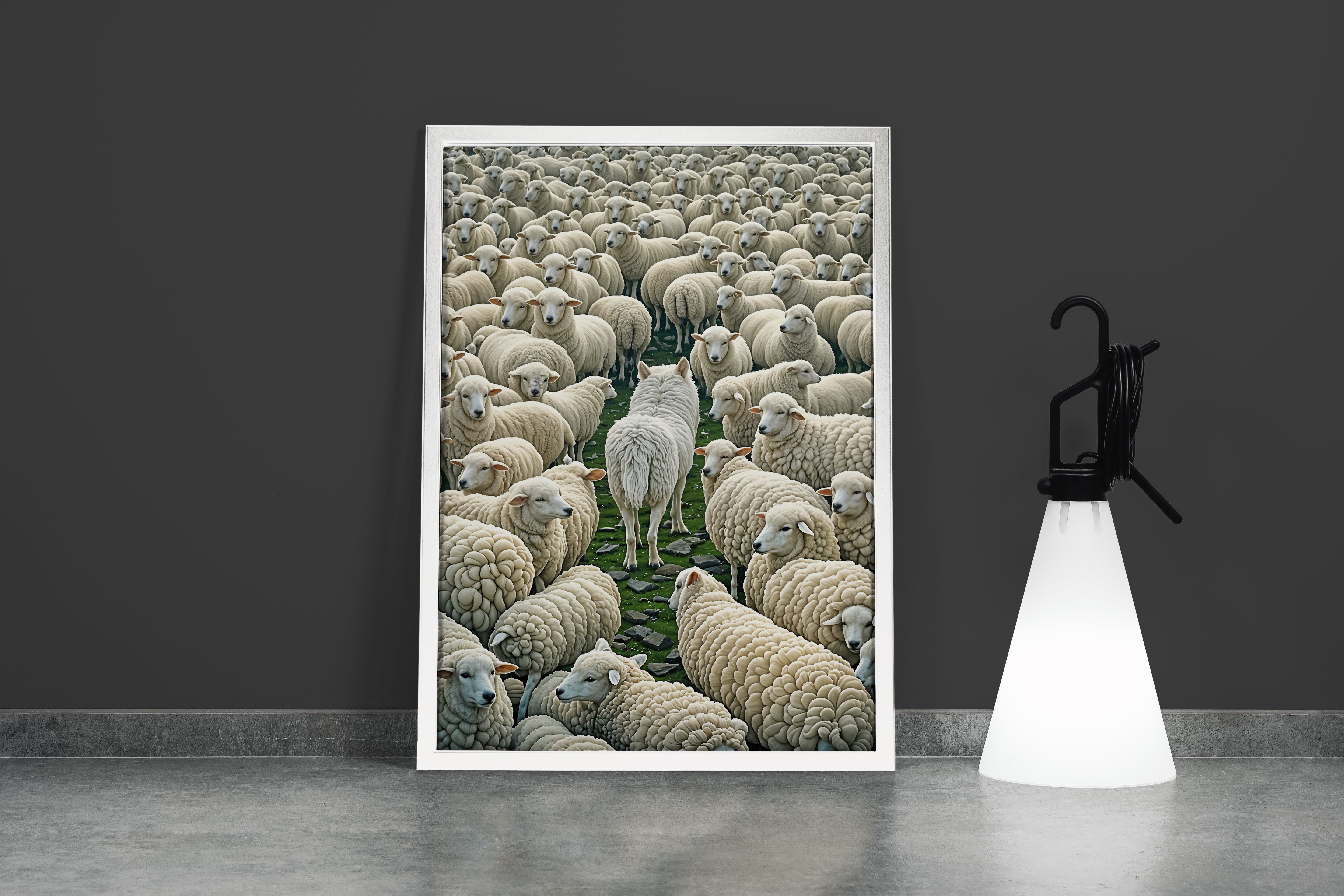 ai creation, the white wolf among the sheep, ai art, art, kanvas tablo