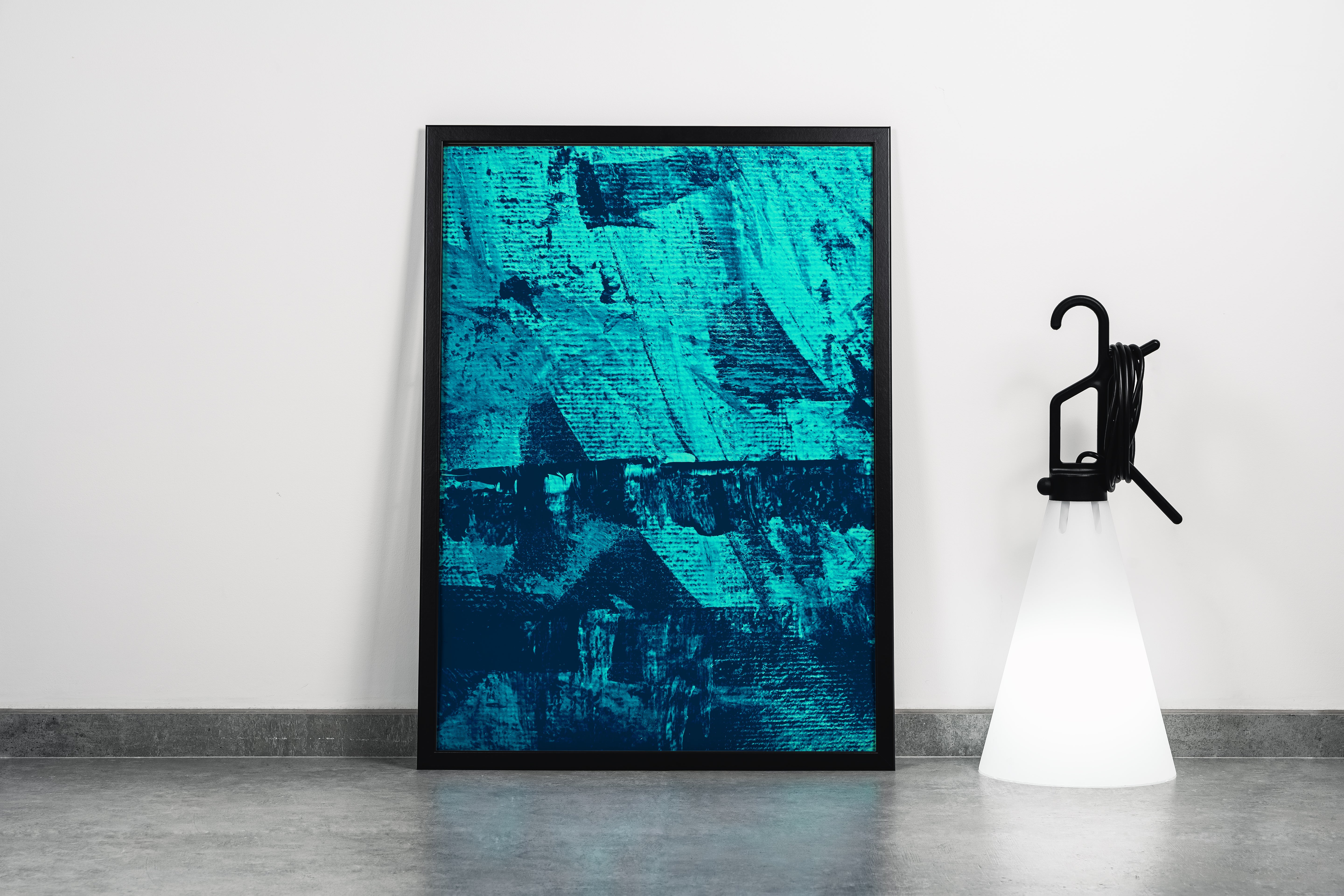 a close-up of a heavily textured abstract painting in vibrant shades of deep turquoise, abstract, art, kanvas tablo