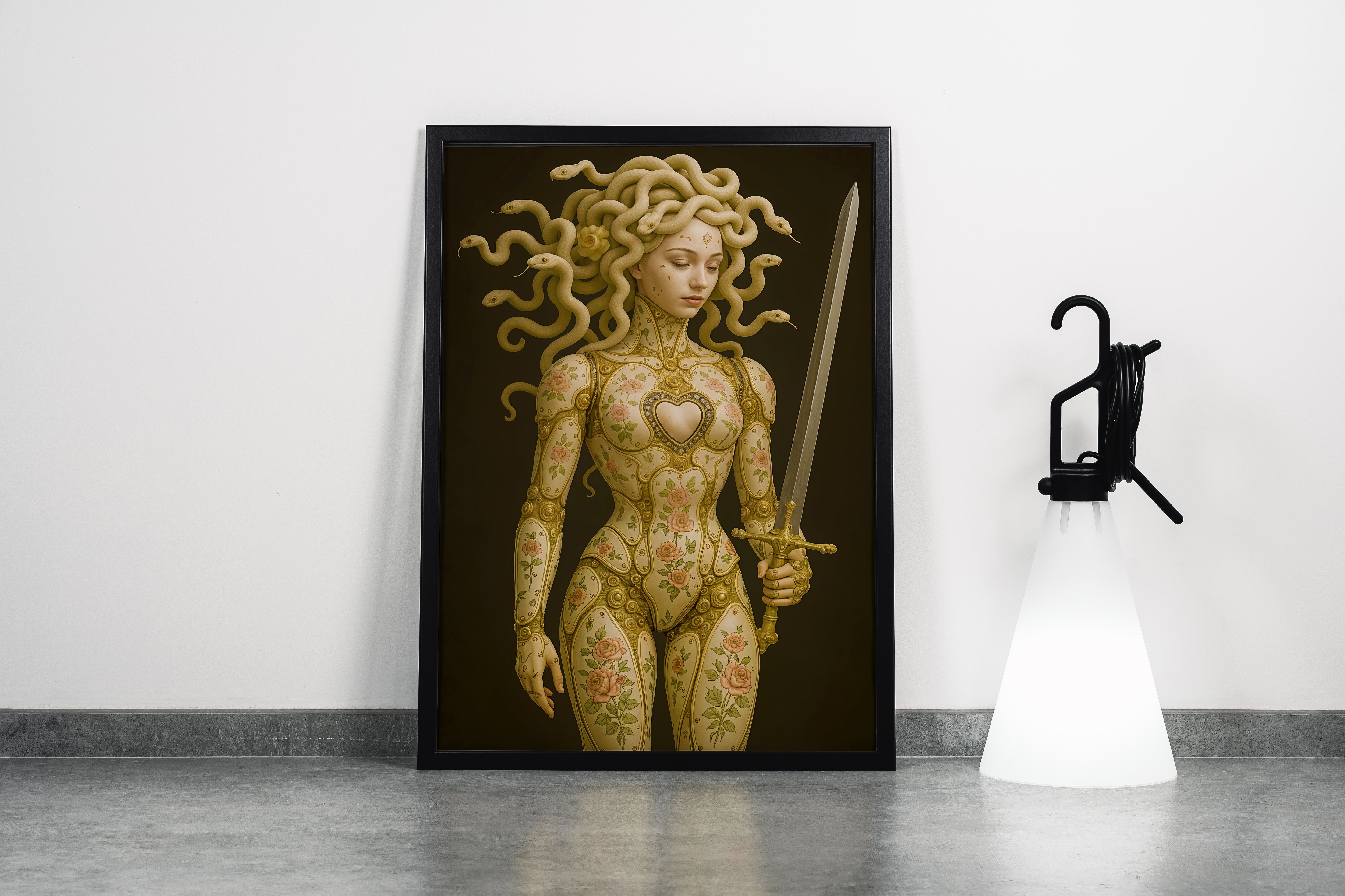 ai creation, a clockwork medusa with a floral porcelain body holding a golden sword, ai art, art, kanvas tablo