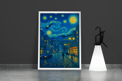 Modern Şehirde Yıldızlı Gece Van Gogh Tarzında Dışavurumcu Manzara Kanvas Tablo