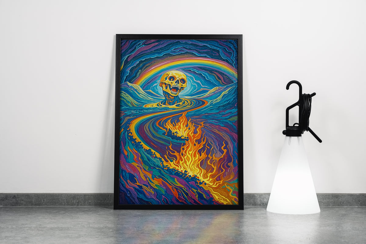 ai creation, skeleton engulfed in rainbow colored flames, ai art, art, kanvas tablo