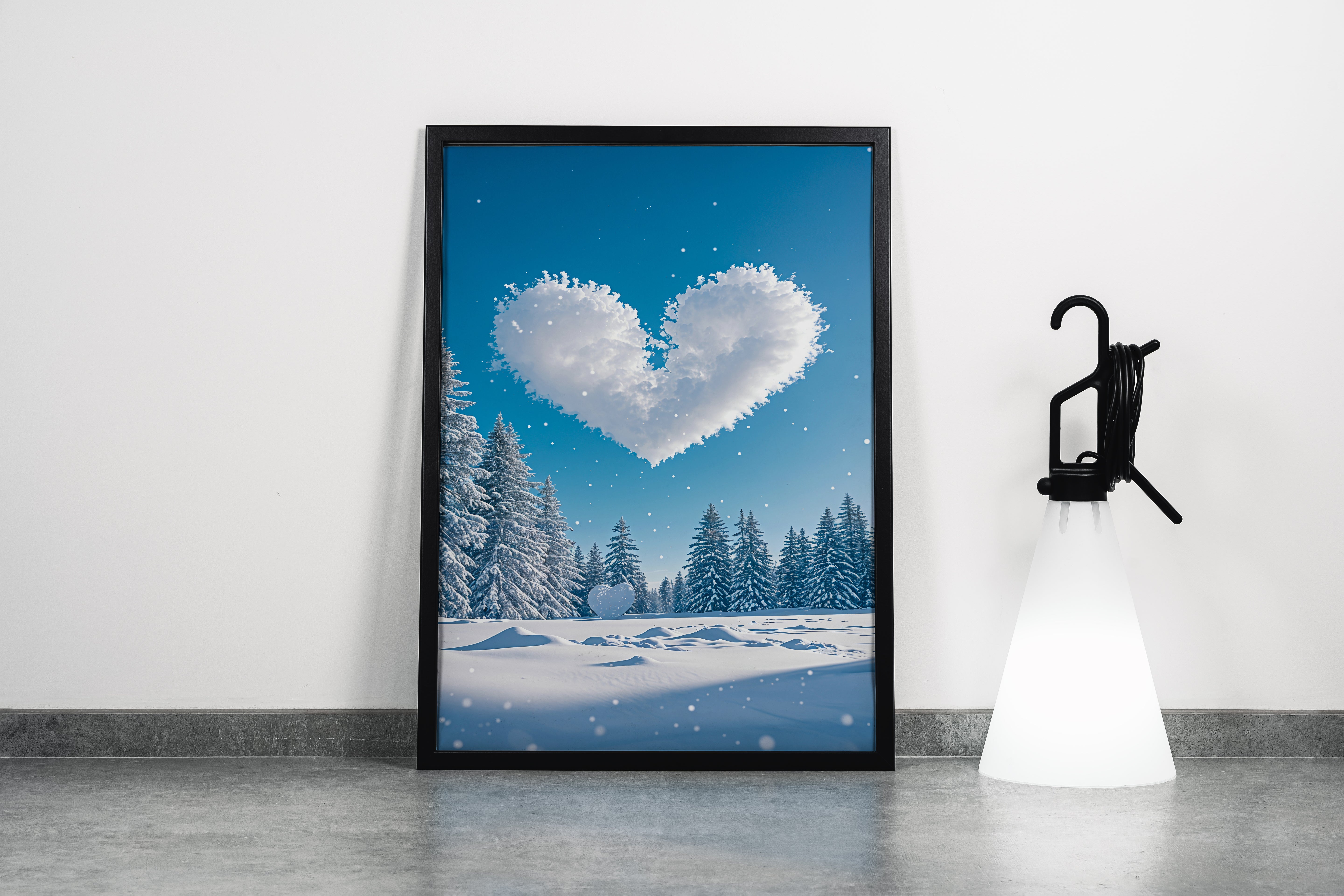 ai creation, heart formed by clouds, snow themed, ai art, art, kanvas tablo