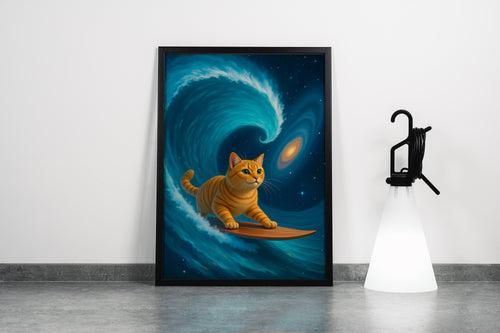 Kozmik Dalgalarda Sörf Yapan Kedi Galaksi Manzaralı Sürrealist Kanvas Tablo