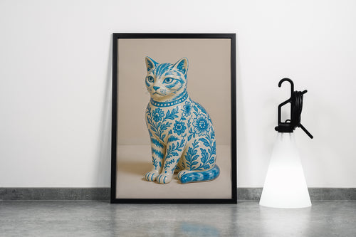 ai creation, porcelain coated cat, floral motif in soft blue tones, ai art, art, kanvas tablo