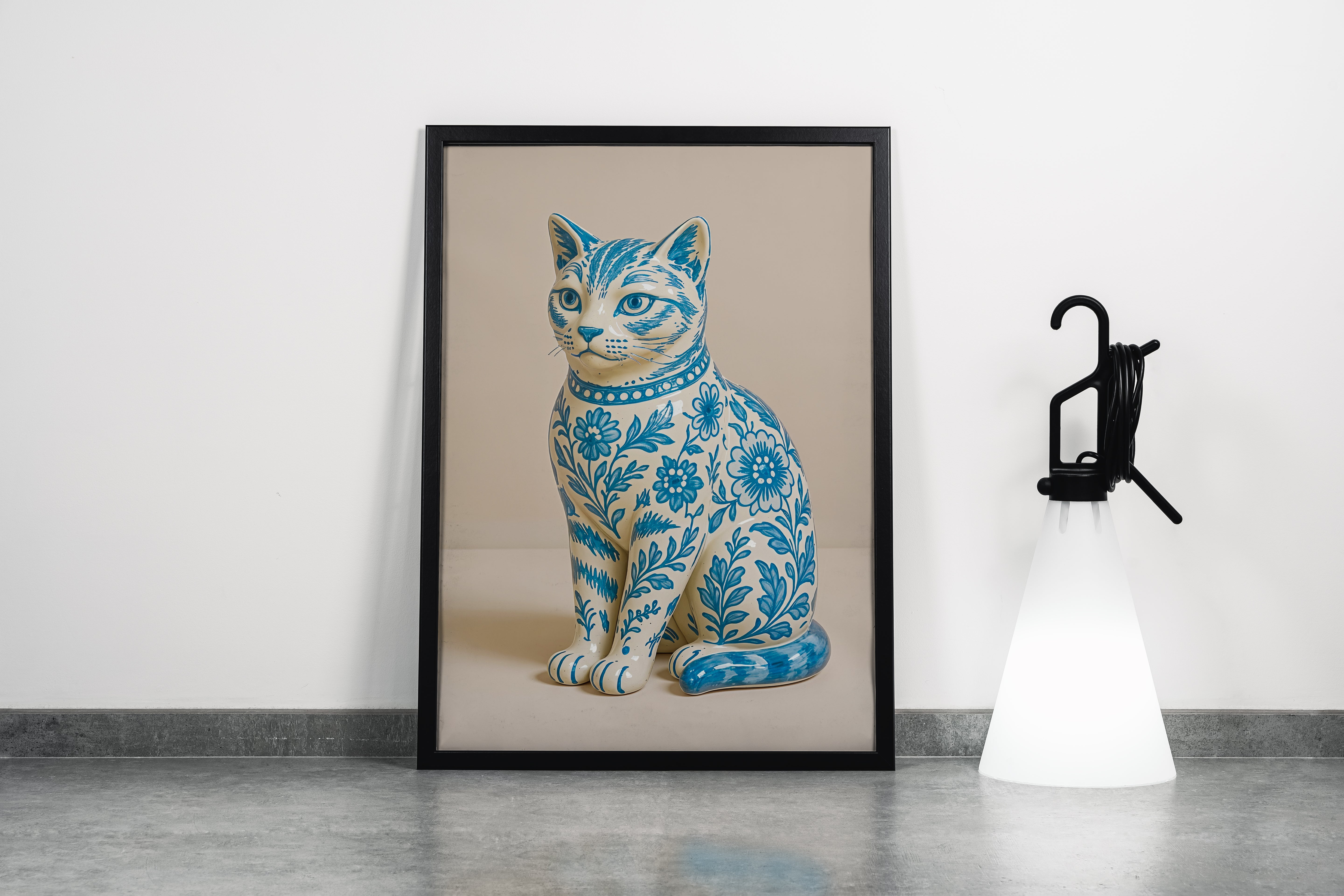 ai creation, porcelain coated cat, floral motif in soft blue tones, ai art, art, kanvas tablo