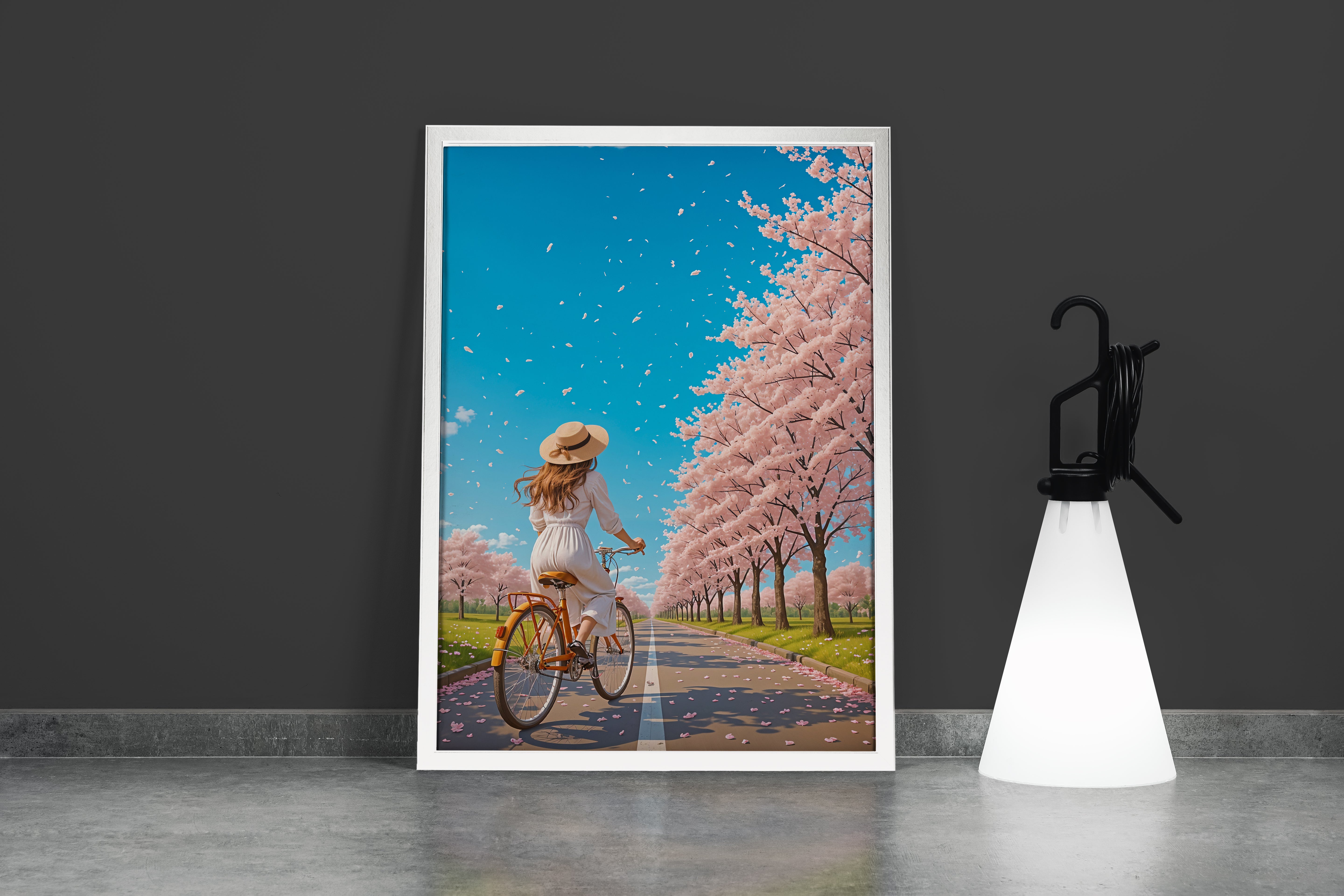 ai creation, a road decorated with soft pink trees with a girl on a bike with a hat, ai art, art, kanvas tablo