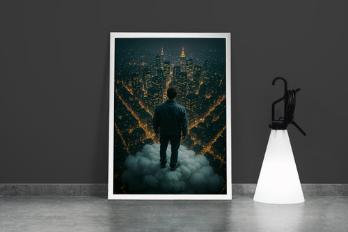 ai creation, man looking down on the city from above the cloud, ai art, art, kanvas tablo