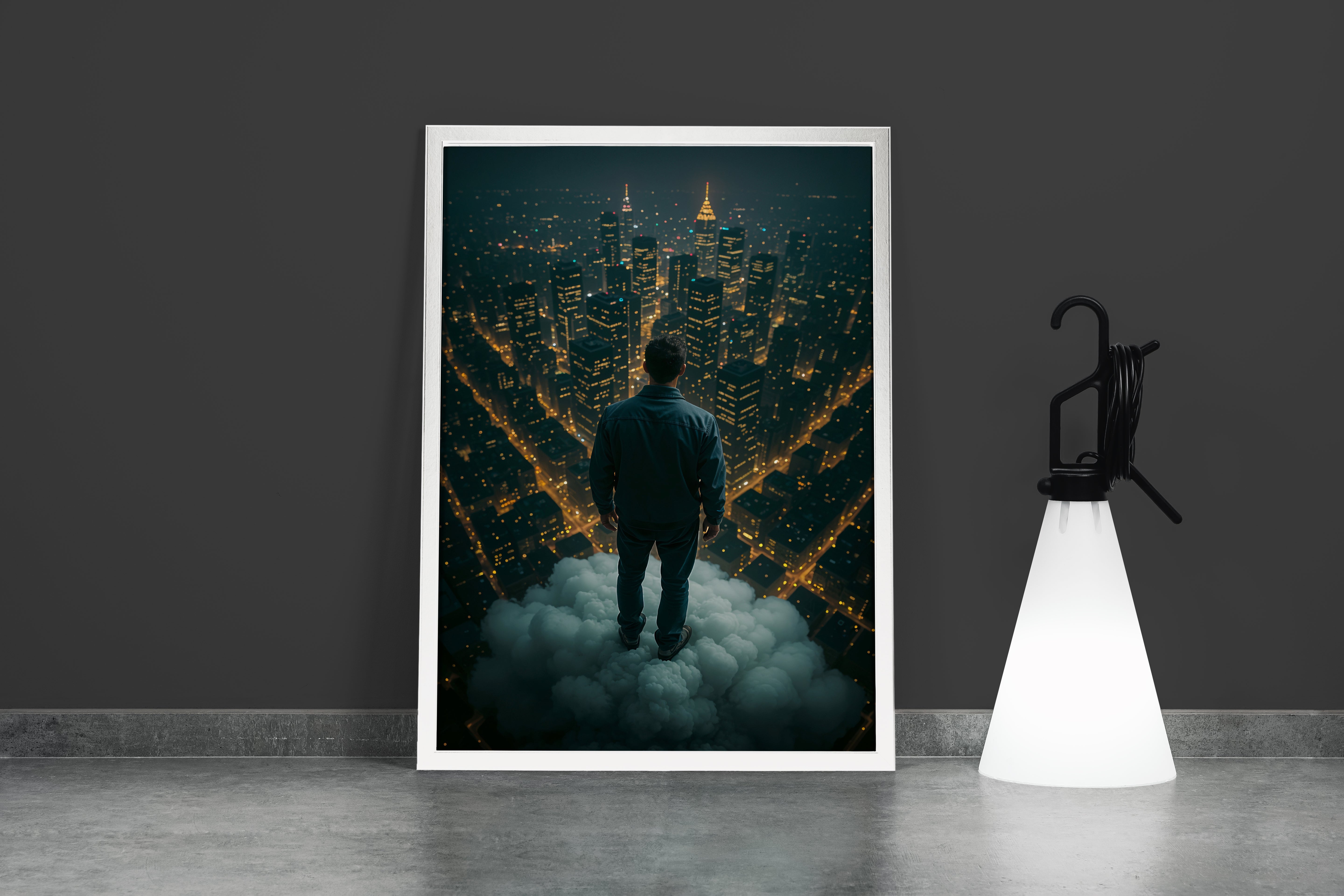 ai creation, man looking down on the city from above the cloud, ai art, art, kanvas tablo
