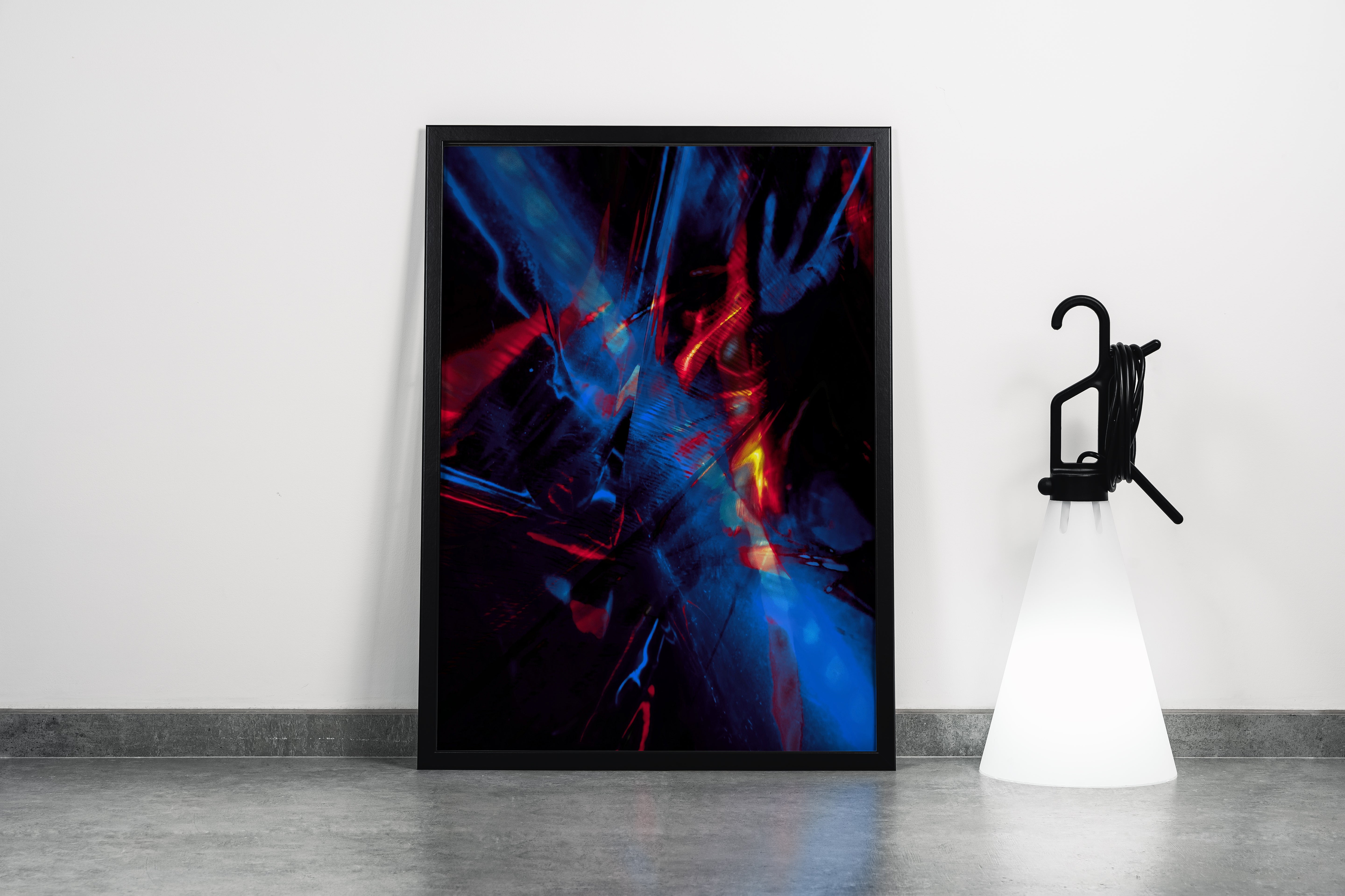 an energetic abstract composition with chaotic streaks of red and blue light on black, abstract, art, kanvas tablo
