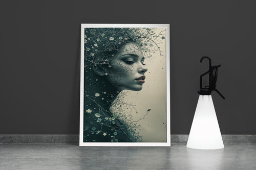 ai creation, a woman's profile dissolving into dark branches with tiny white flowers, ai art, art, kanvas tablo