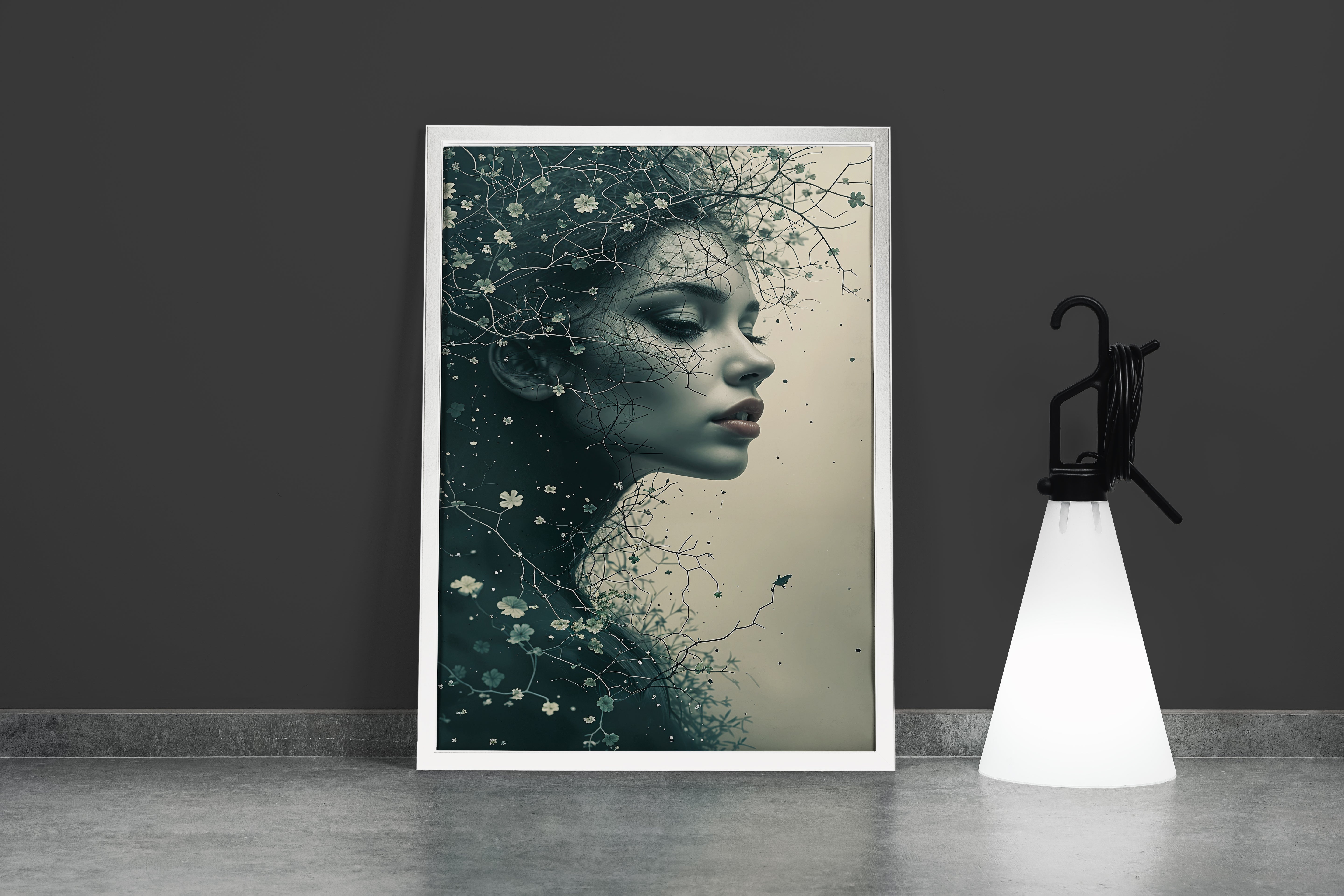 ai creation, a woman's profile dissolving into dark branches with tiny white flowers, ai art, art, kanvas tablo