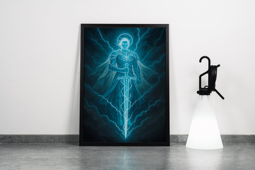 ai creation, blue skinned lightning warrior, ai art, art, kanvas tablo