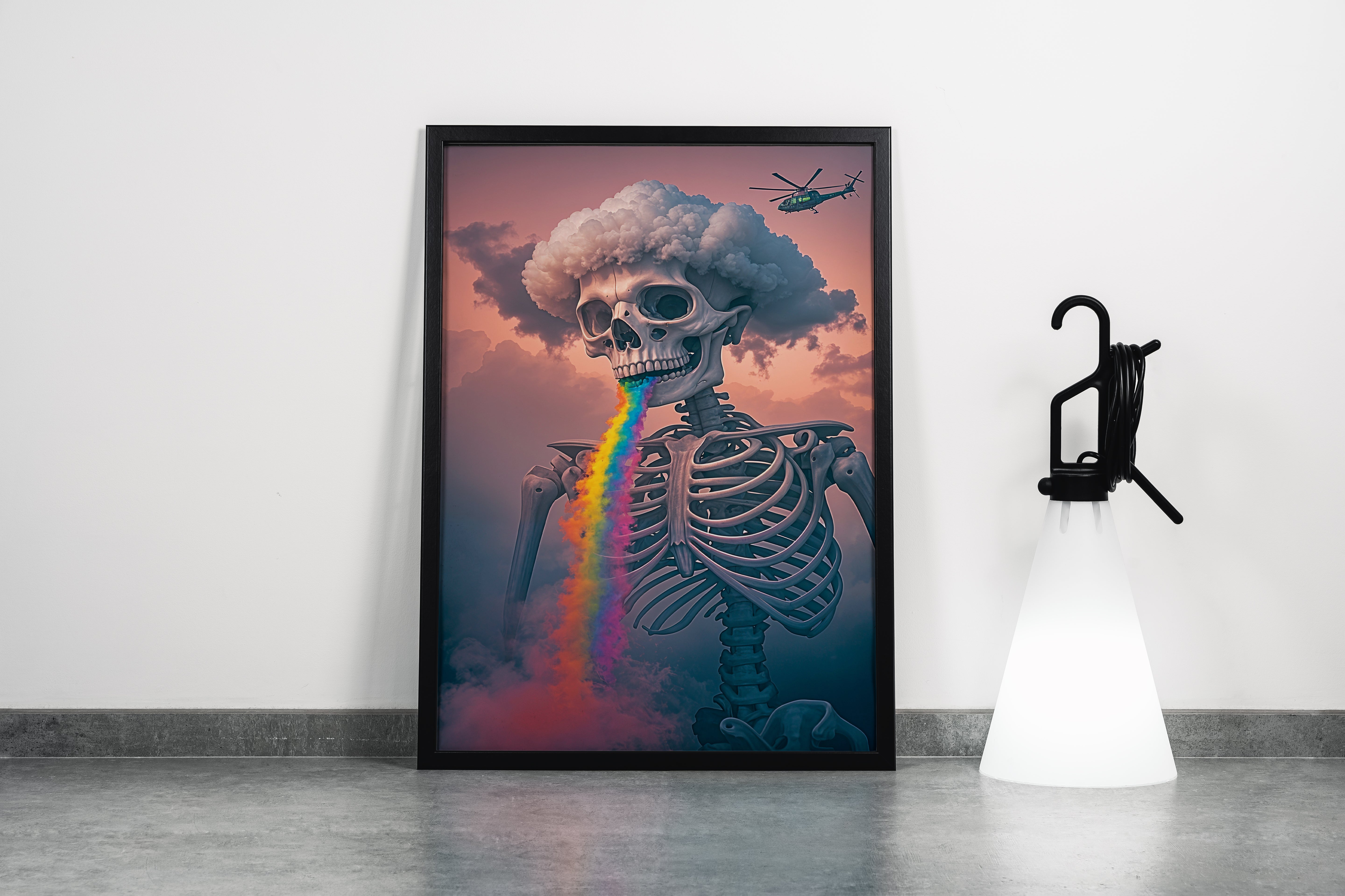 ai creation, skeletor with rainbow colored lava pouring from its mouth, ai art, art, kanvas tablo