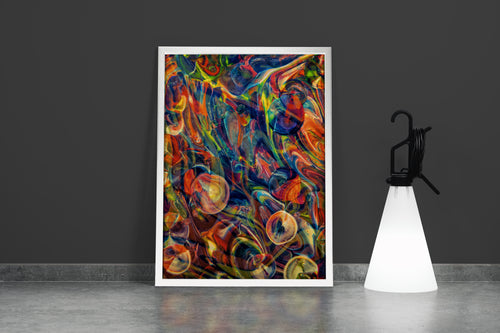 a vibrant and chaotic psychedelic abstract artwork with colorful swirls and bubble-like shapes, abstract, art, kanvas tablo