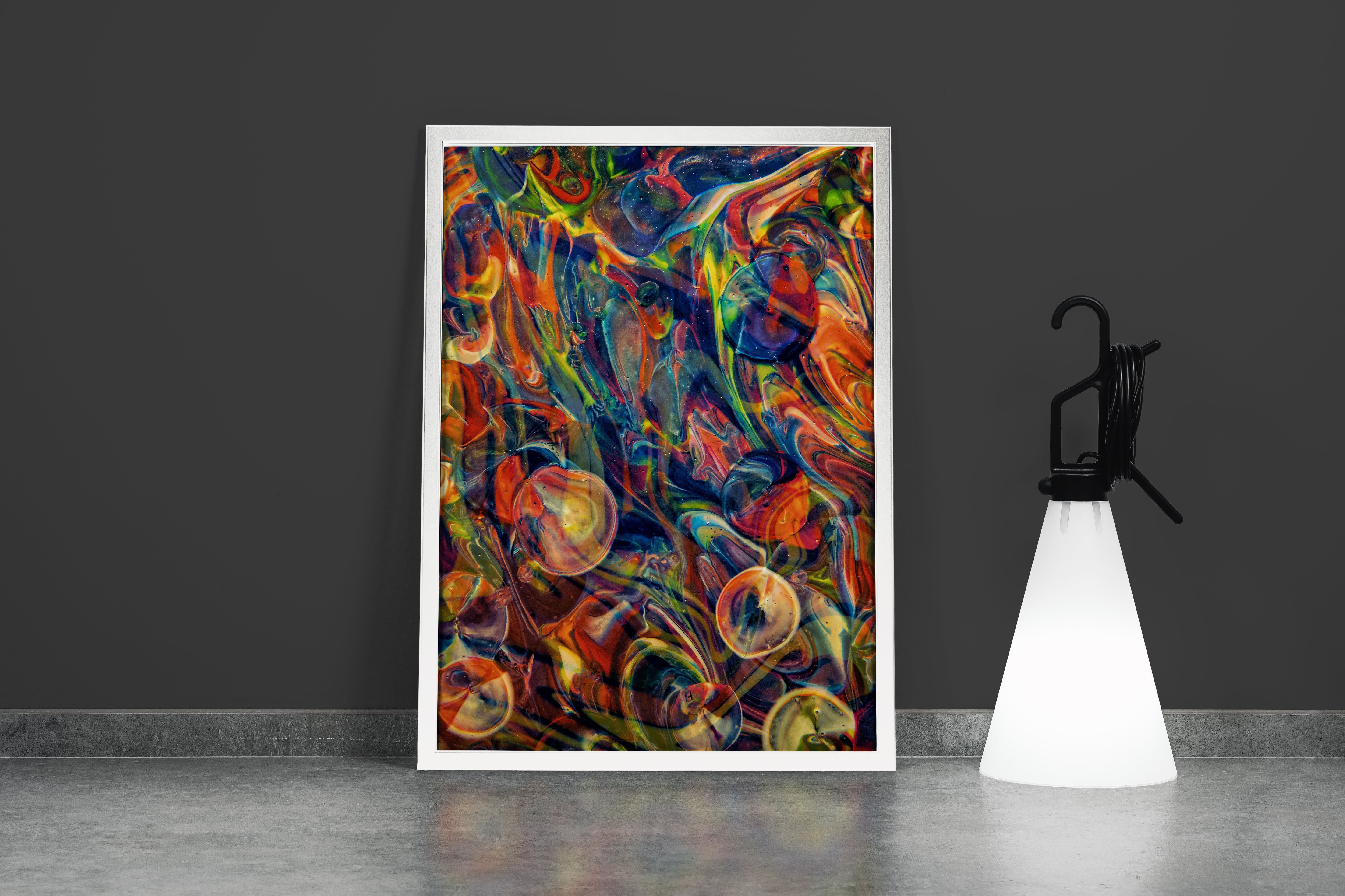 a vibrant and chaotic psychedelic abstract artwork with colorful swirls and bubble-like shapes, abstract, art, kanvas tablo