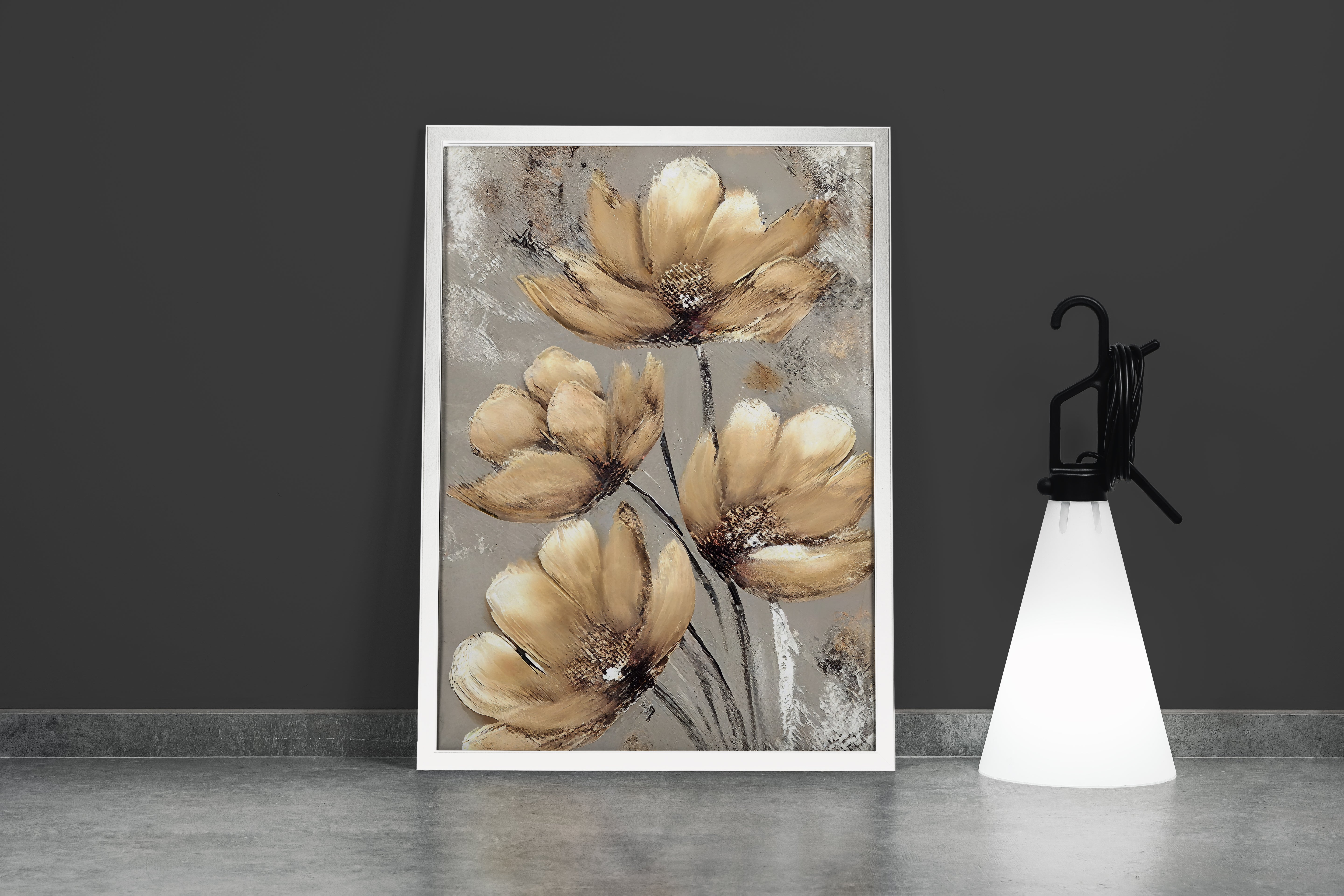a palette knife painting of elegant golden-brown flowers with a heavy texture, art, kanvas tablo