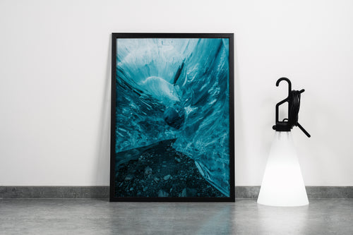a breathtaking view from inside a glowing blue ice cave with smooth, frozen walls, abstract, art, kanvas tablo