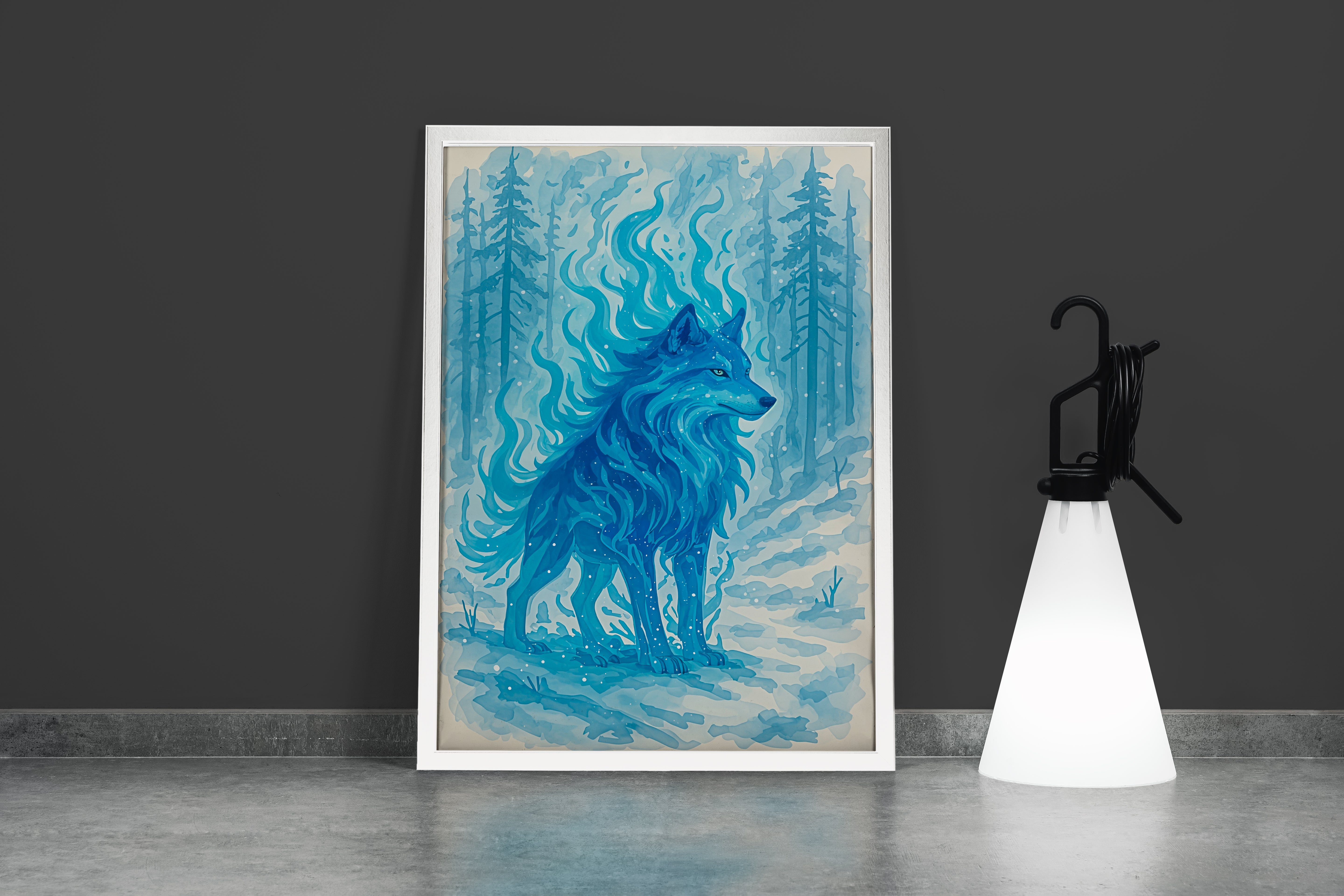 ai creation, blue fire themed wolf, ai art, art, kanvas tablo