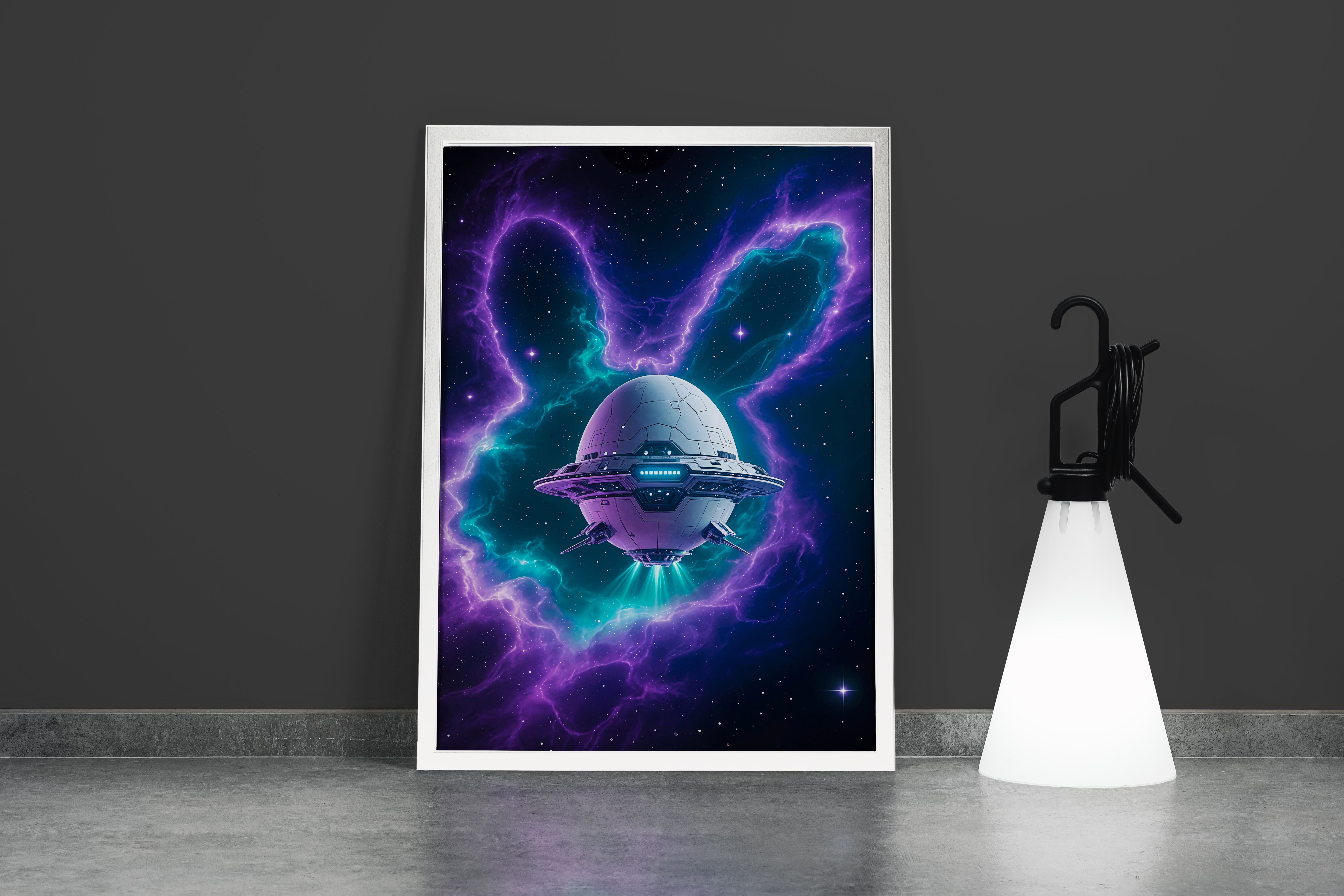 ai creation, rabbit and ship in space, ai art, art, kanvas tablo
