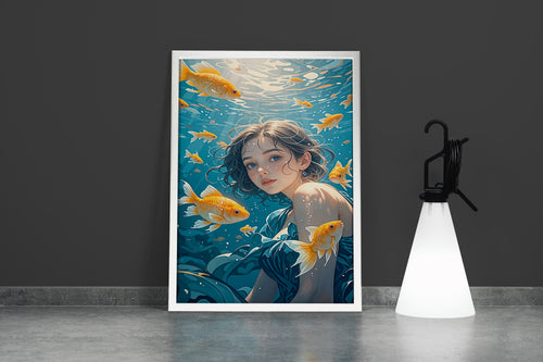 ai creation, girl swimming in the sea with goldfish, ai art, art, kanvas tablo