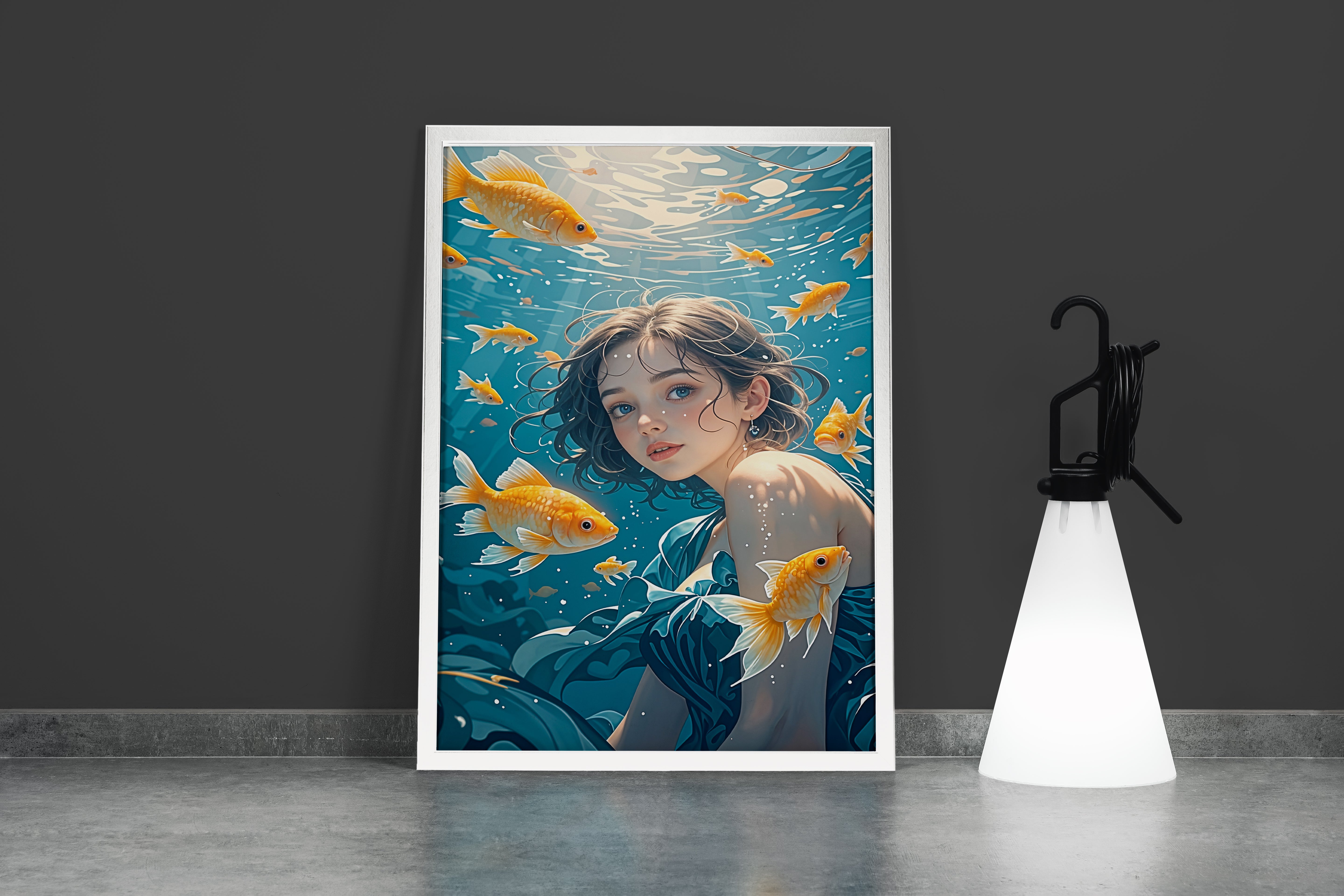 ai creation, girl swimming in the sea with goldfish, ai art, art, kanvas tablo