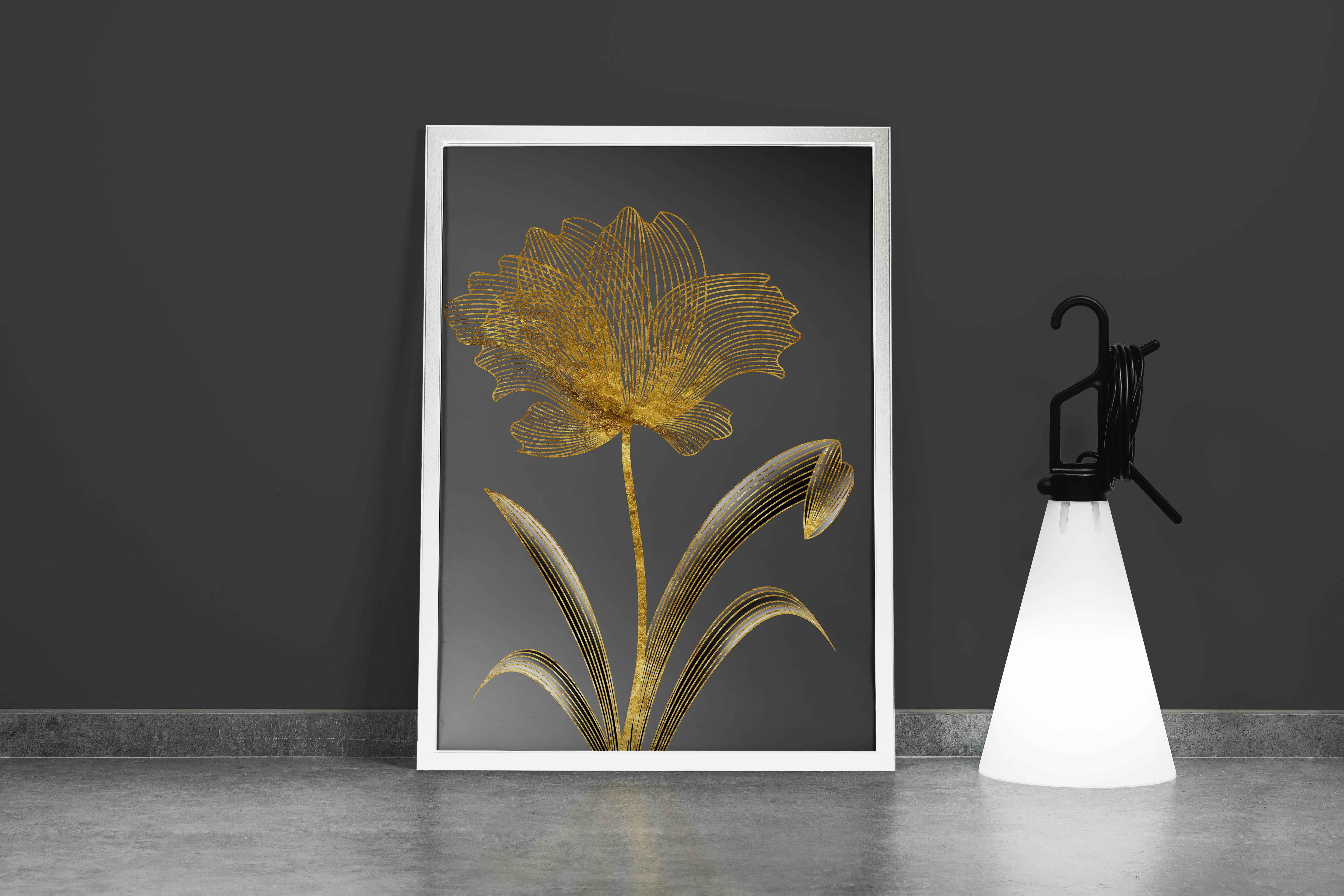 a minimalist golden wireframe flower on a grey gradient background, art, kanvas tablo