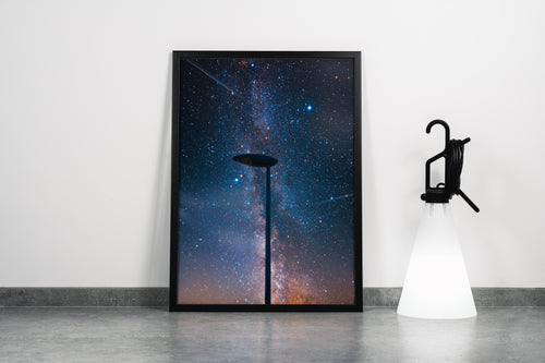 a street lamp silhouetted against a breathtaking starry night sky full of the milky way, abstract, art, kanvas tablo