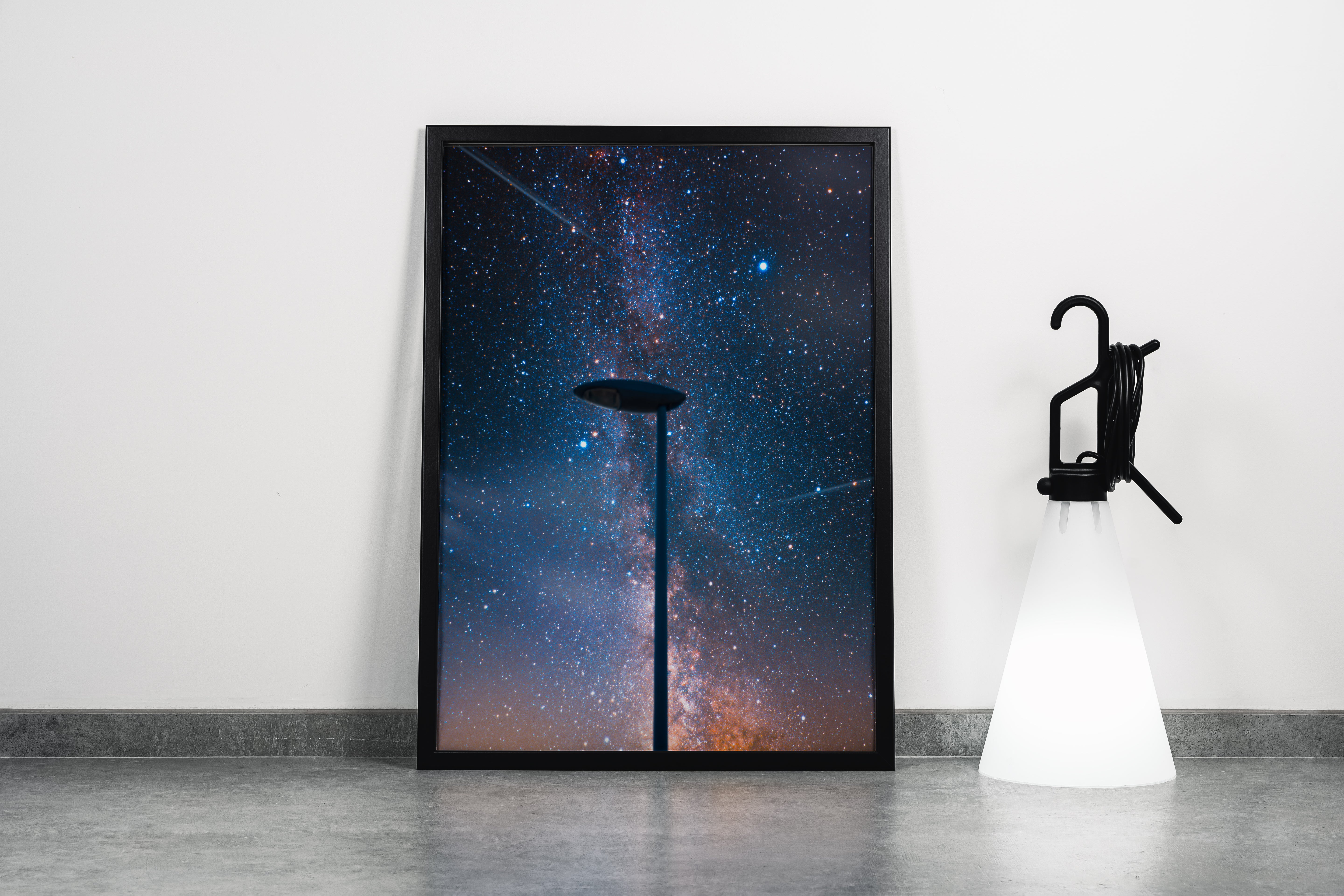 a street lamp silhouetted against a breathtaking starry night sky full of the milky way, abstract, art, kanvas tablo