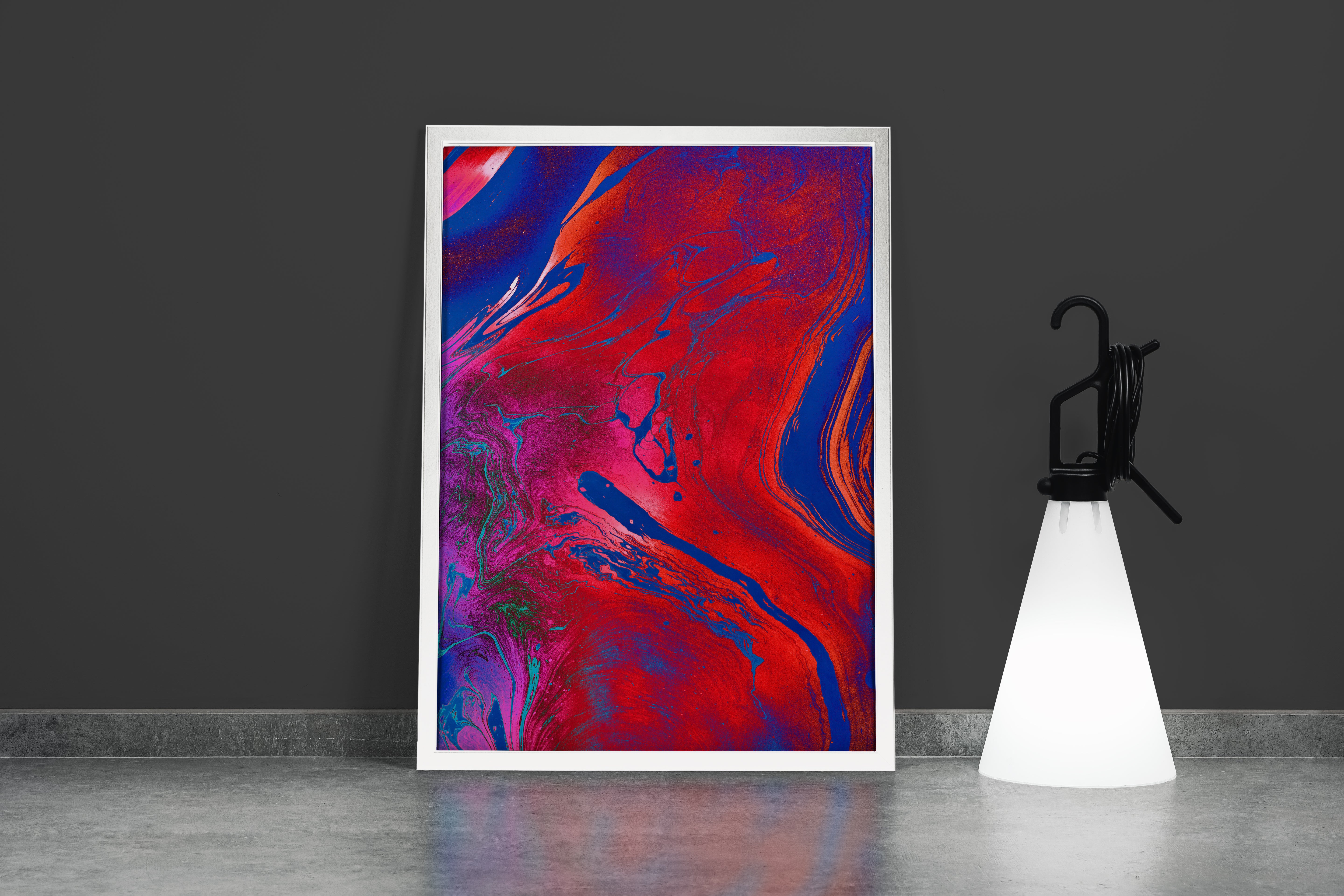 a vibrant and intense abstract fluid art painting with swirls of red and blue, abstract, art, kanvas tablo