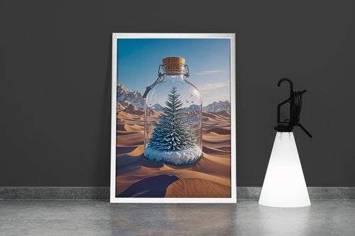 ai creation, tree standing on snow in the desert, stuck in a bottle, ai art, art, kanvas tablo