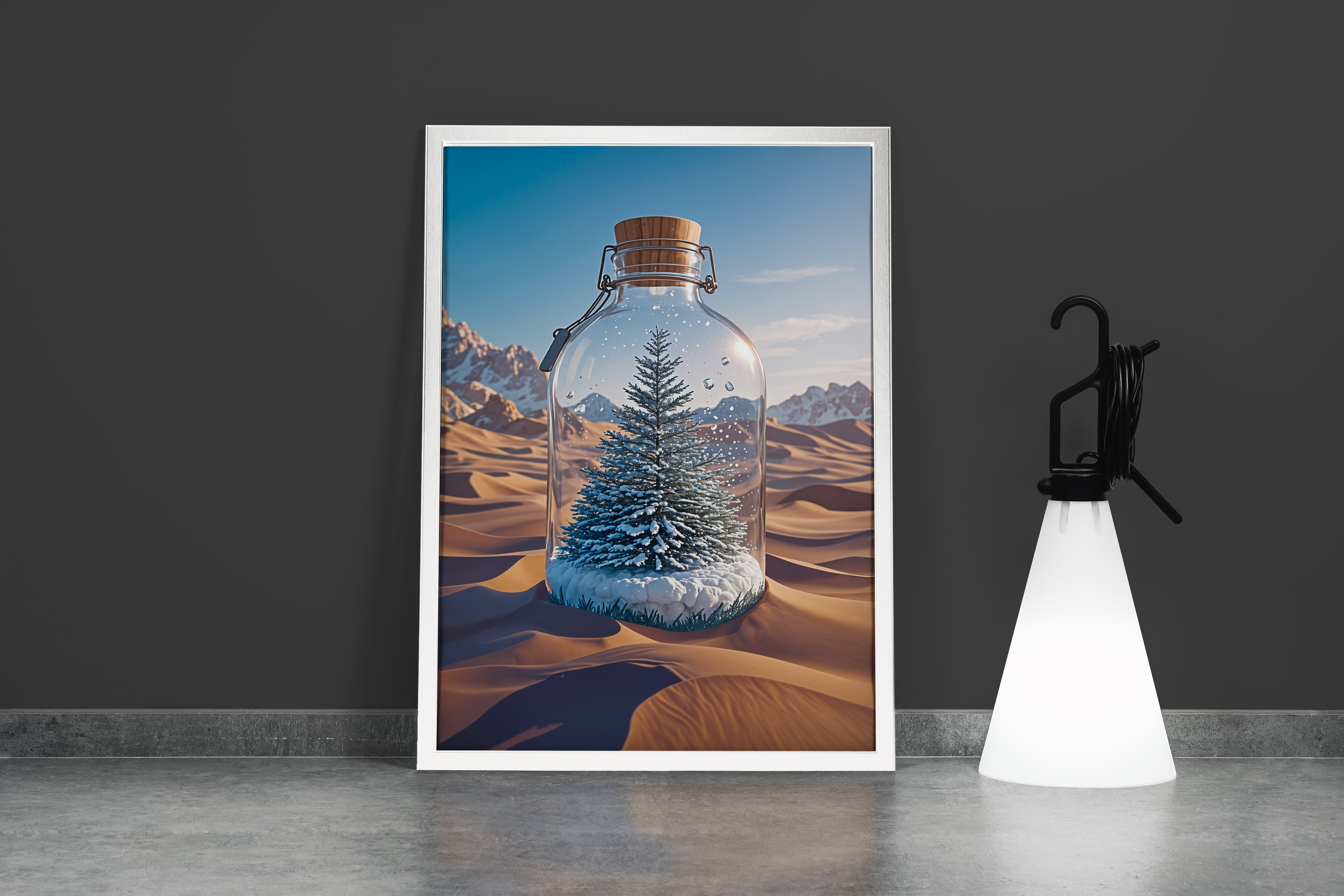 ai creation, tree standing on snow in the desert, stuck in a bottle, ai art, art, kanvas tablo