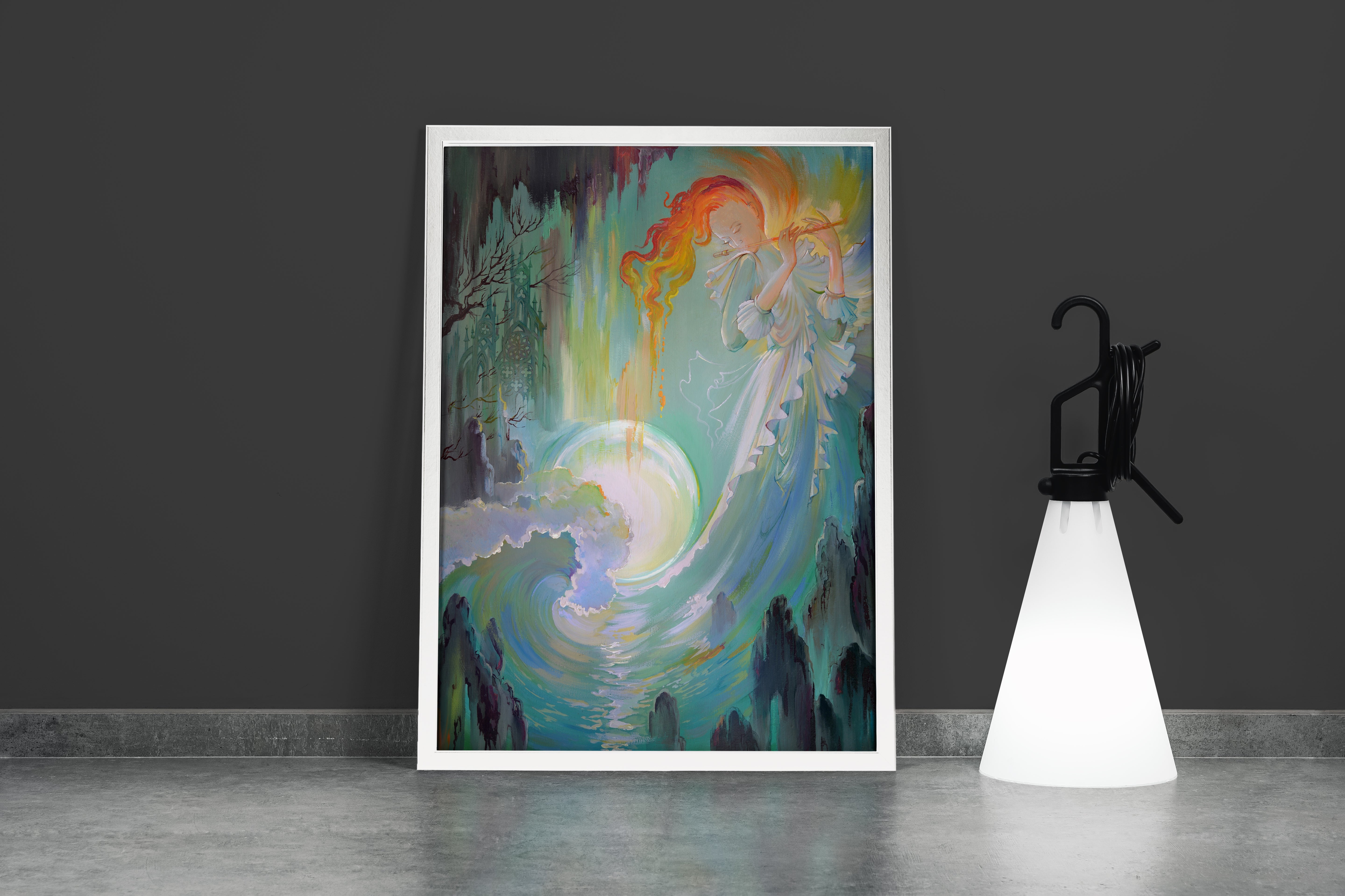 an ethereal woman with flame hair plays flute by a glowing, dripping moon, art, kanvas tablo