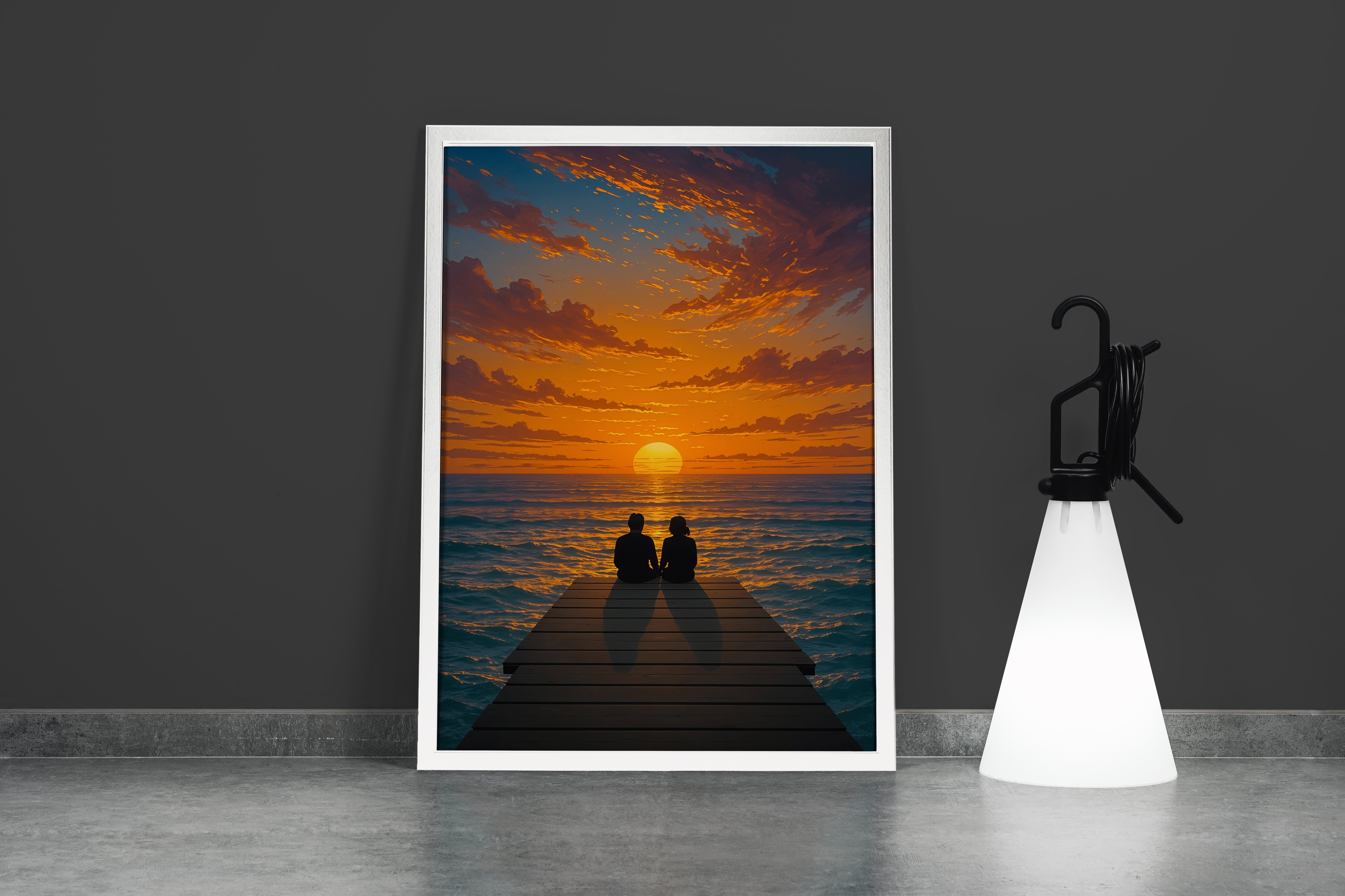 ai creation, lovers sitting on the pier watching the sunset, winter themed, art, kanvas tablo