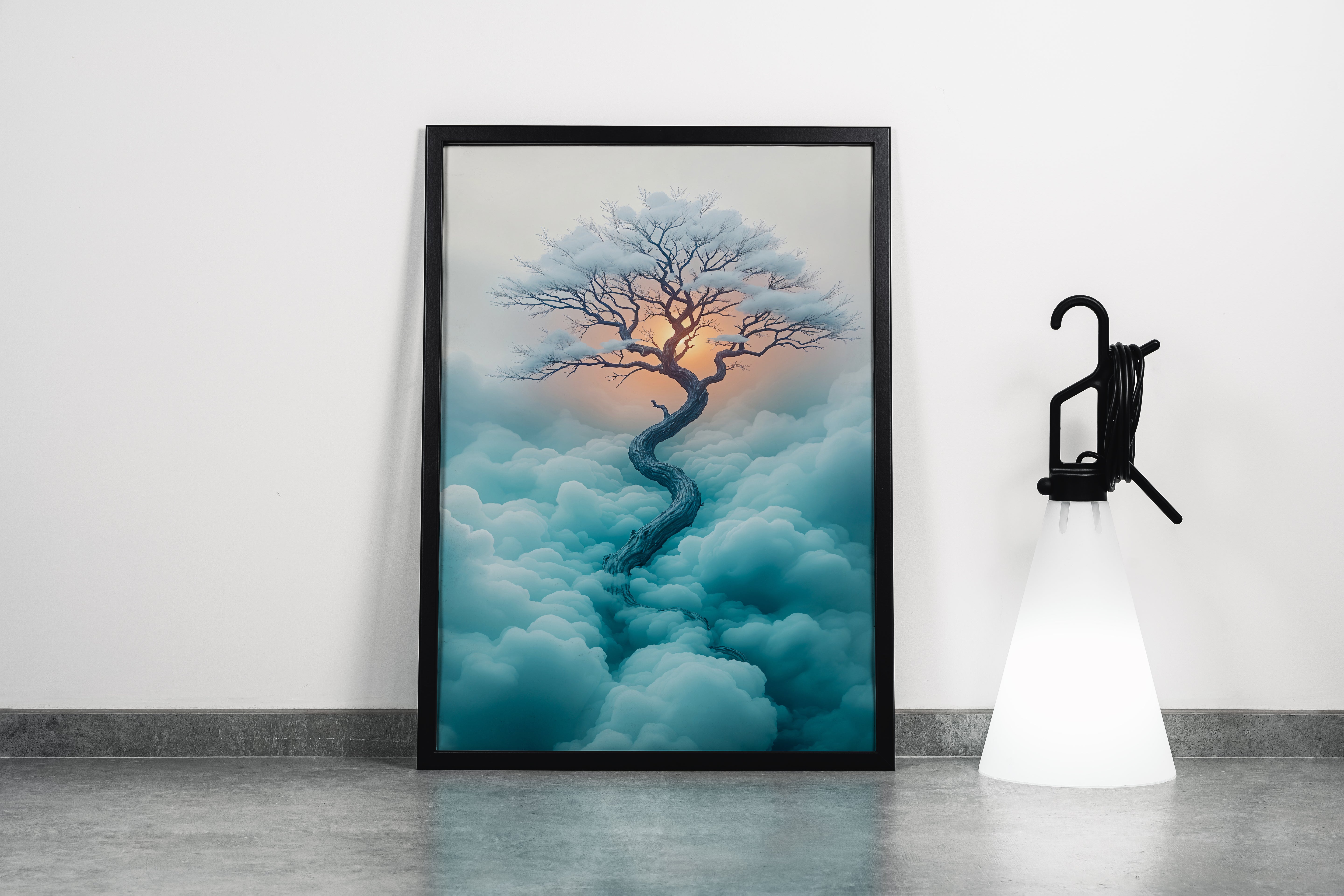 ai creation, tree growing above the clouds at sunset, ai art, art, kanvas tablo