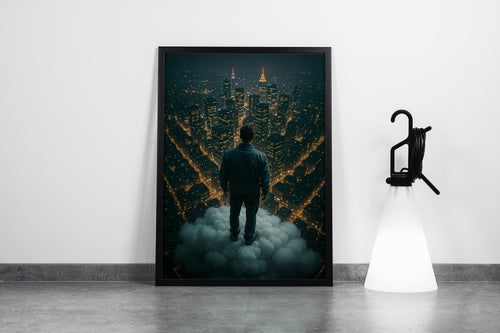 ai creation, man looking down on the city from above the cloud, ai art, art, kanvas tablo
