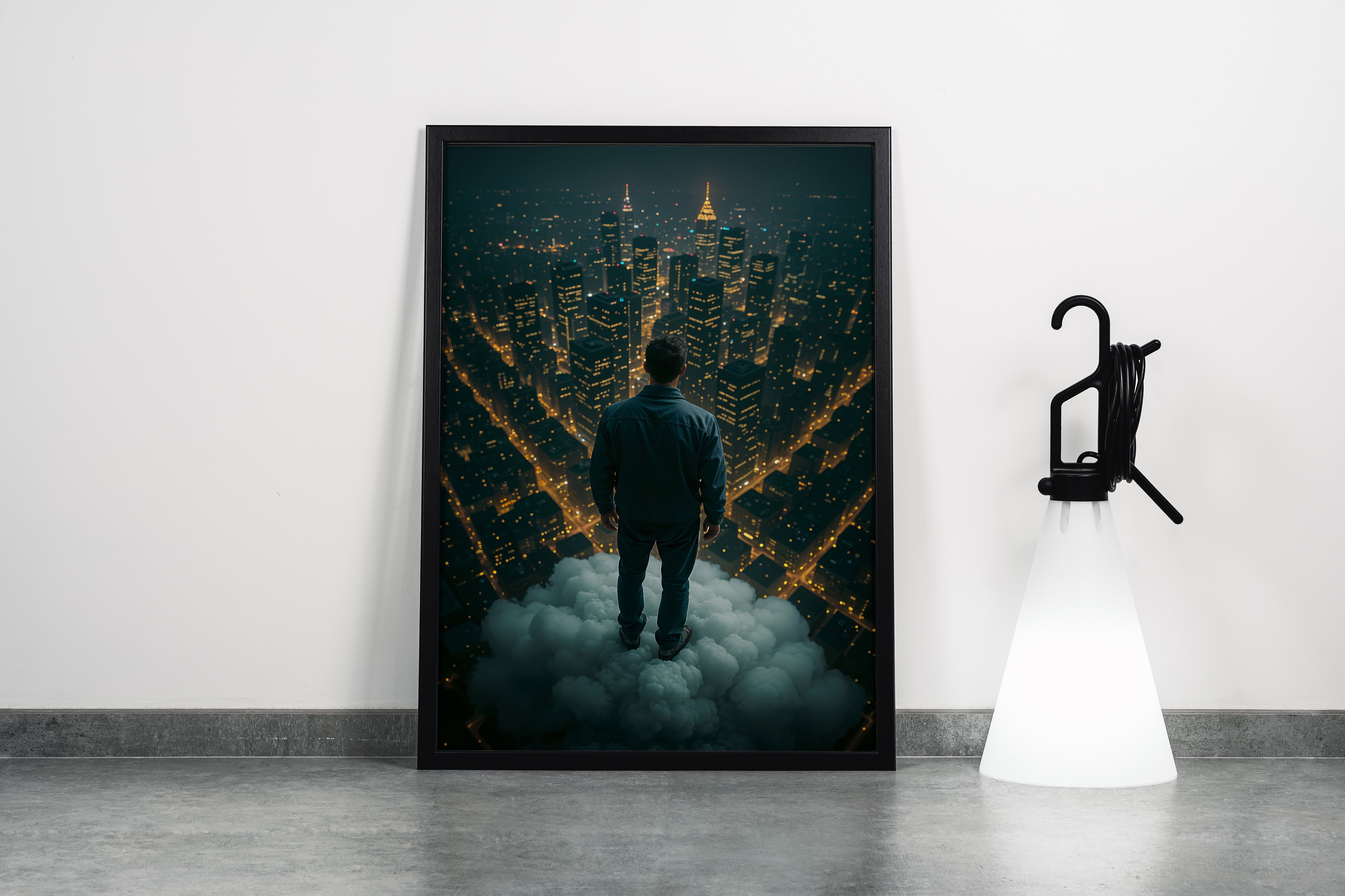 ai creation, man looking down on the city from above the cloud, ai art, art, kanvas tablo