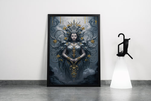 ai creation, a dark goddess in intricate silver armor with ornate gold filigree details, ai art, art, kanvas tablo