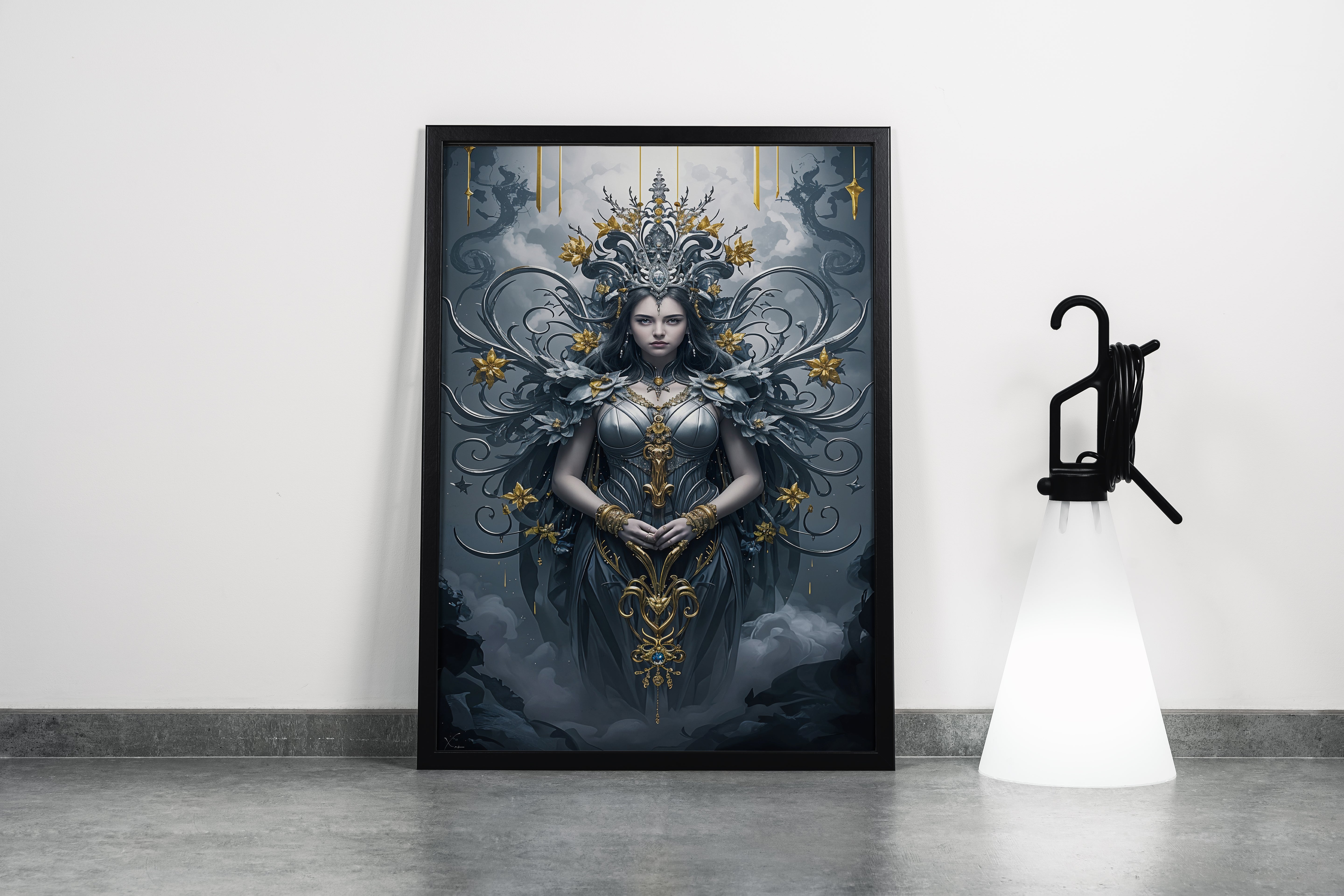 ai creation, a dark goddess in intricate silver armor with ornate gold filigree details, ai art, art, kanvas tablo