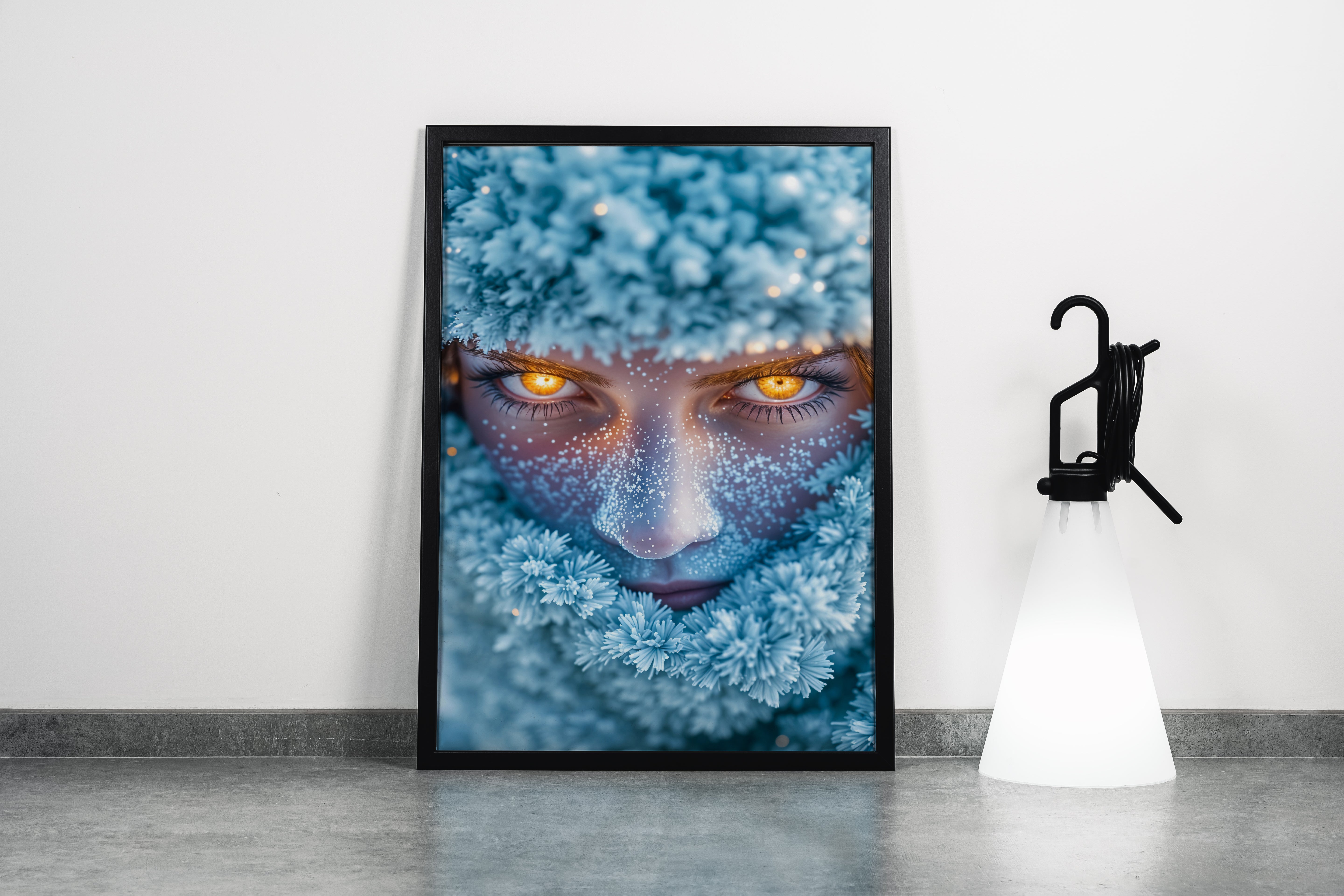 ai creation, a fantasy woman with fiery glowing eyes, her face covered in sparkling frost, ai art, art, kanvas tablo