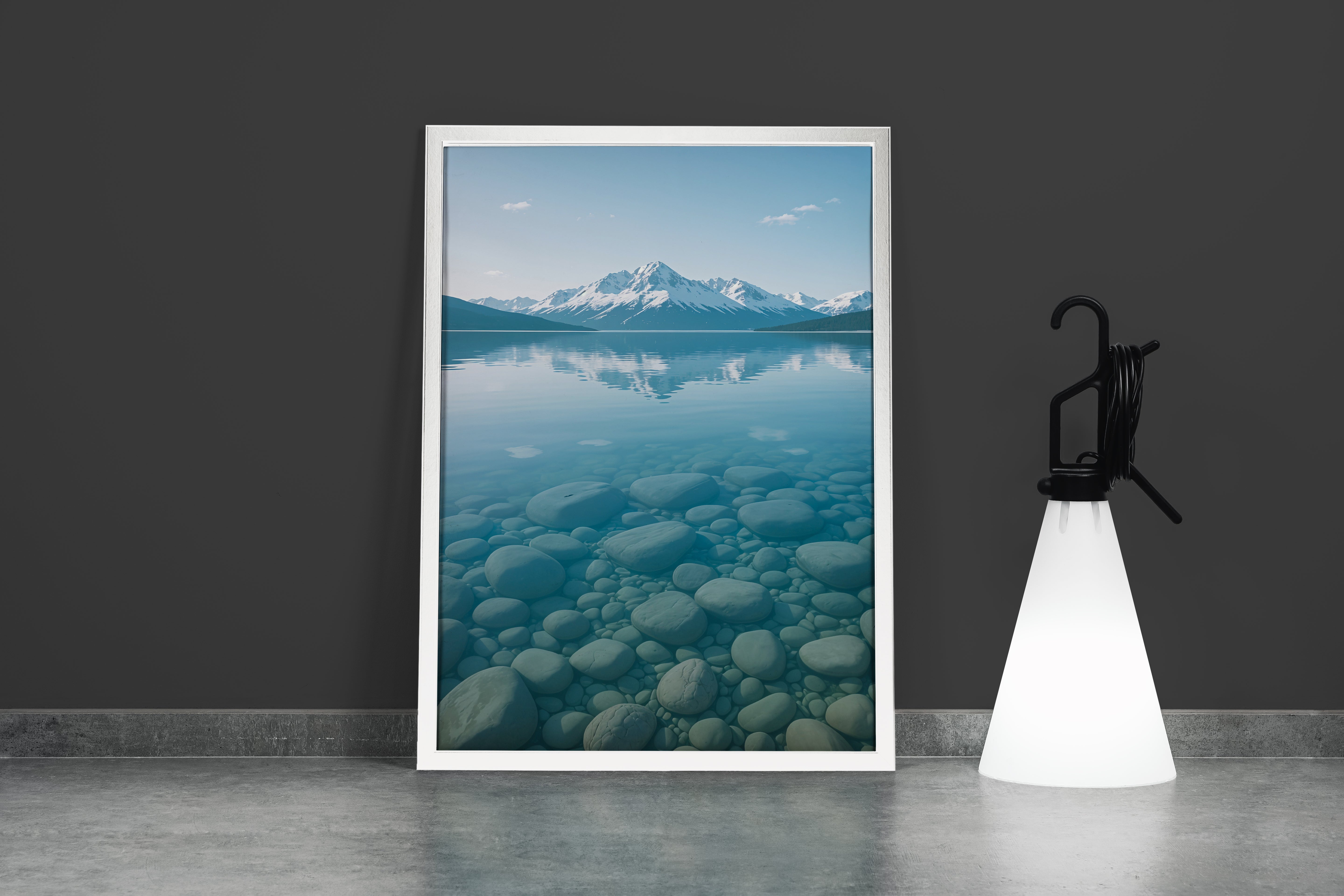 ai creation, mountain view across the river, frozen themed, ai art, art, kanvas tablo