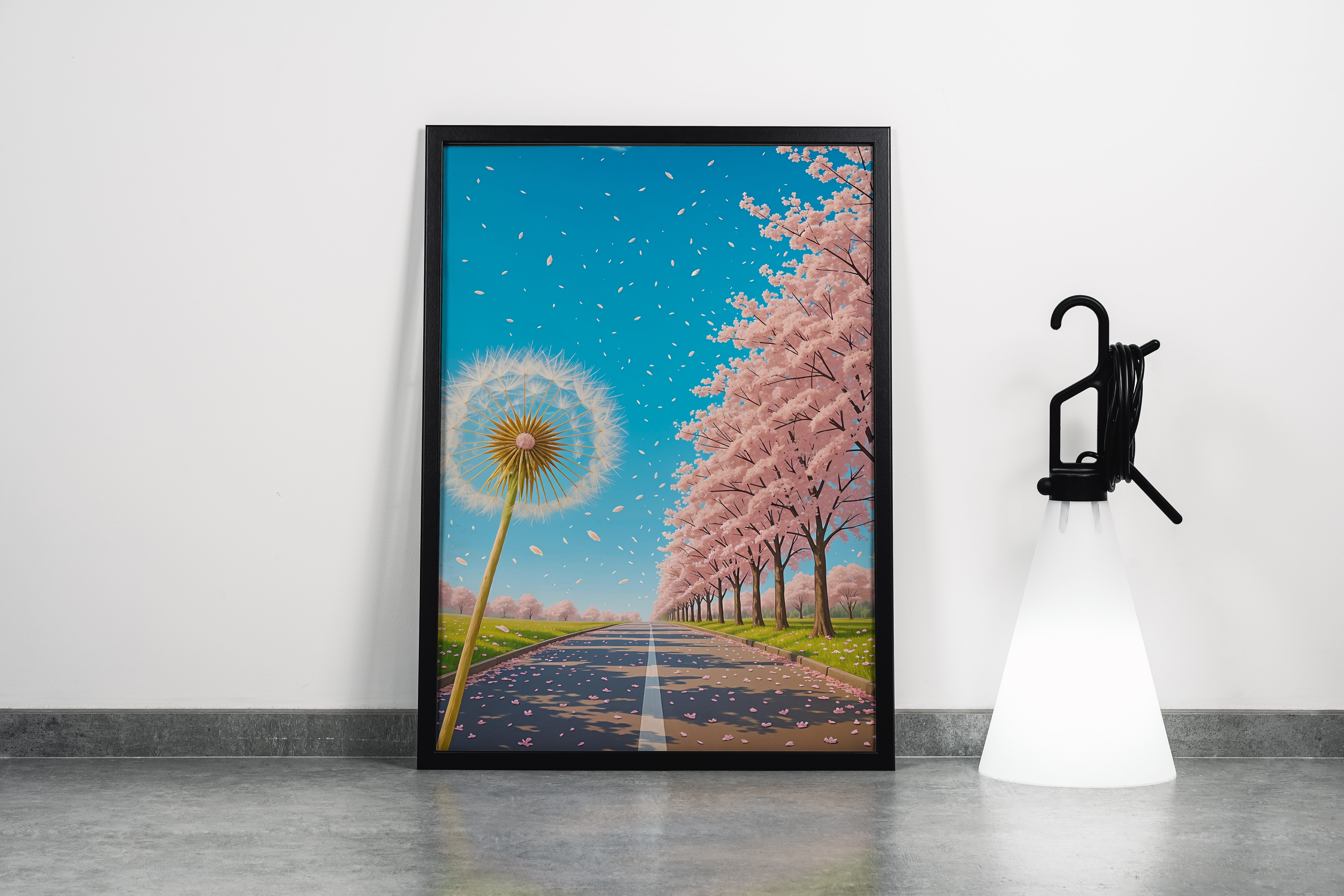 ai creation, a road decorated with soft pink trees with a dandelion, ai art, art, kanvas tablo