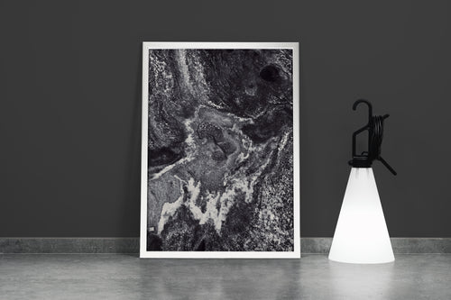 a highly detailed, textured black and white abstract image resembling a cosmic landscape, abstract, art, kanvas tablo